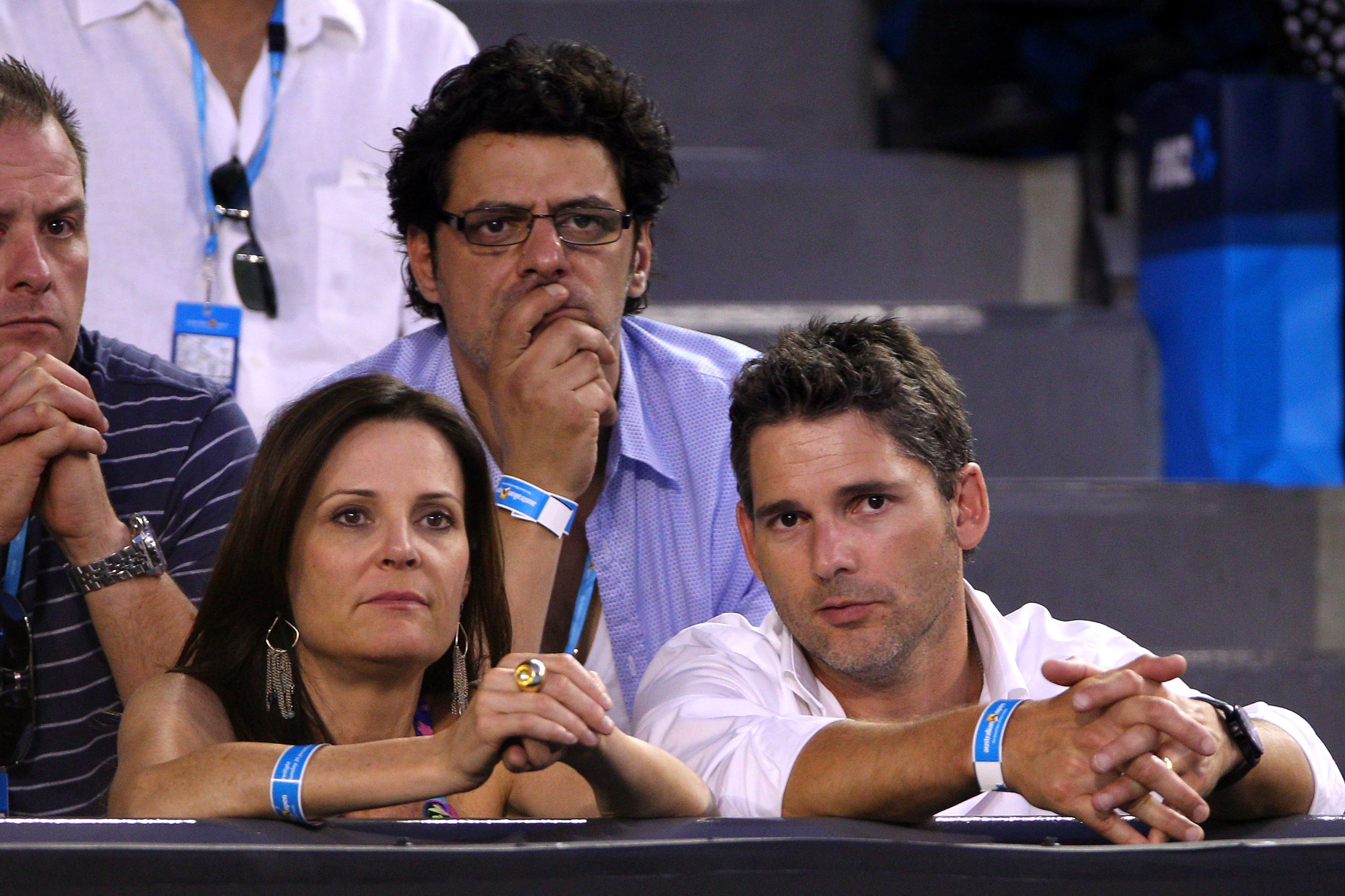 Rebecca Gleeson, Vince Colosimo and Eric Bana during day 14 of the 2011 Australian Open at Melbourne Park on January 30, 2011 in Melbourne, Australia.