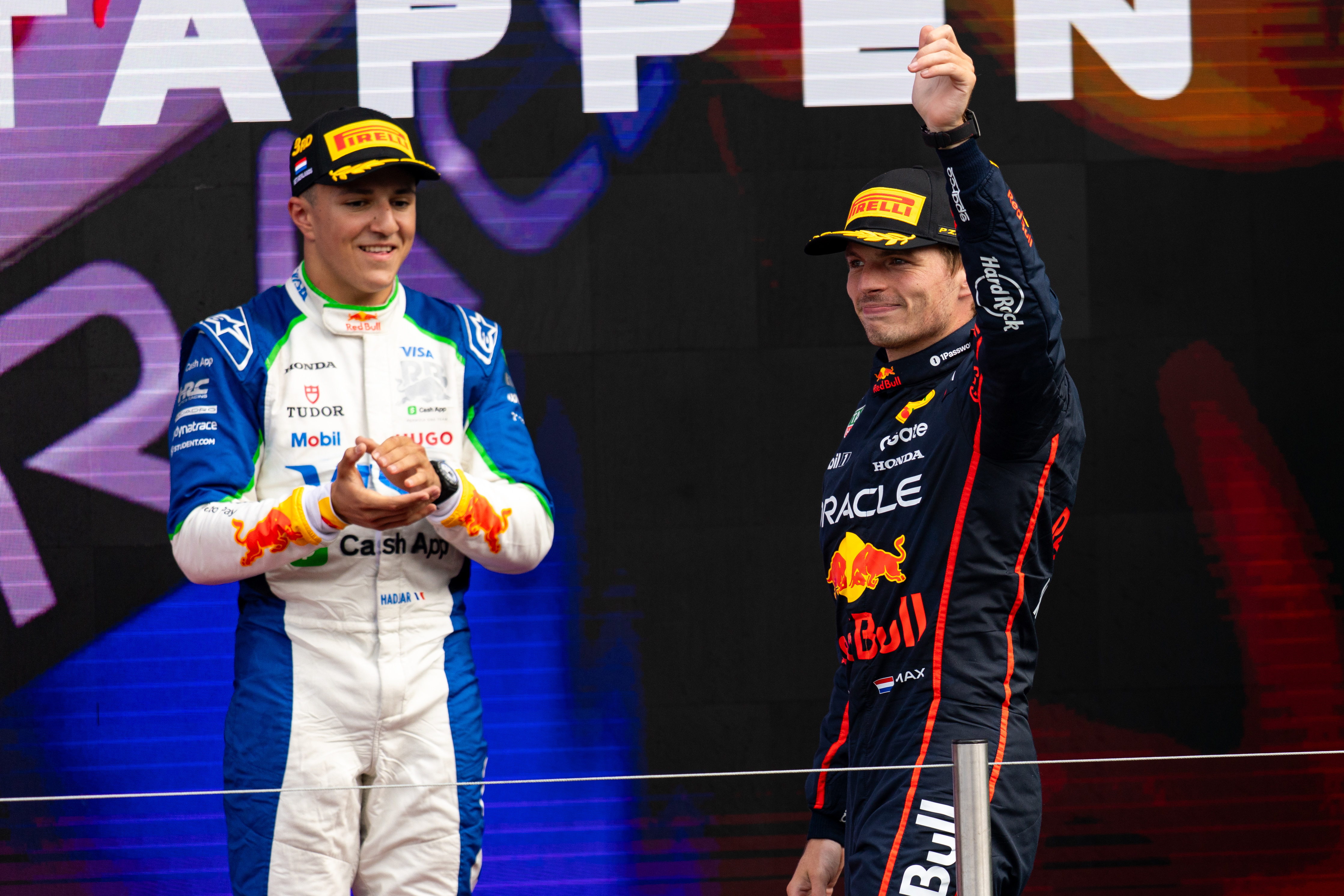 Isack Hadjar applauded Max Verstappen as the latter entered the podium after the running of the Dutch Grand Prix.