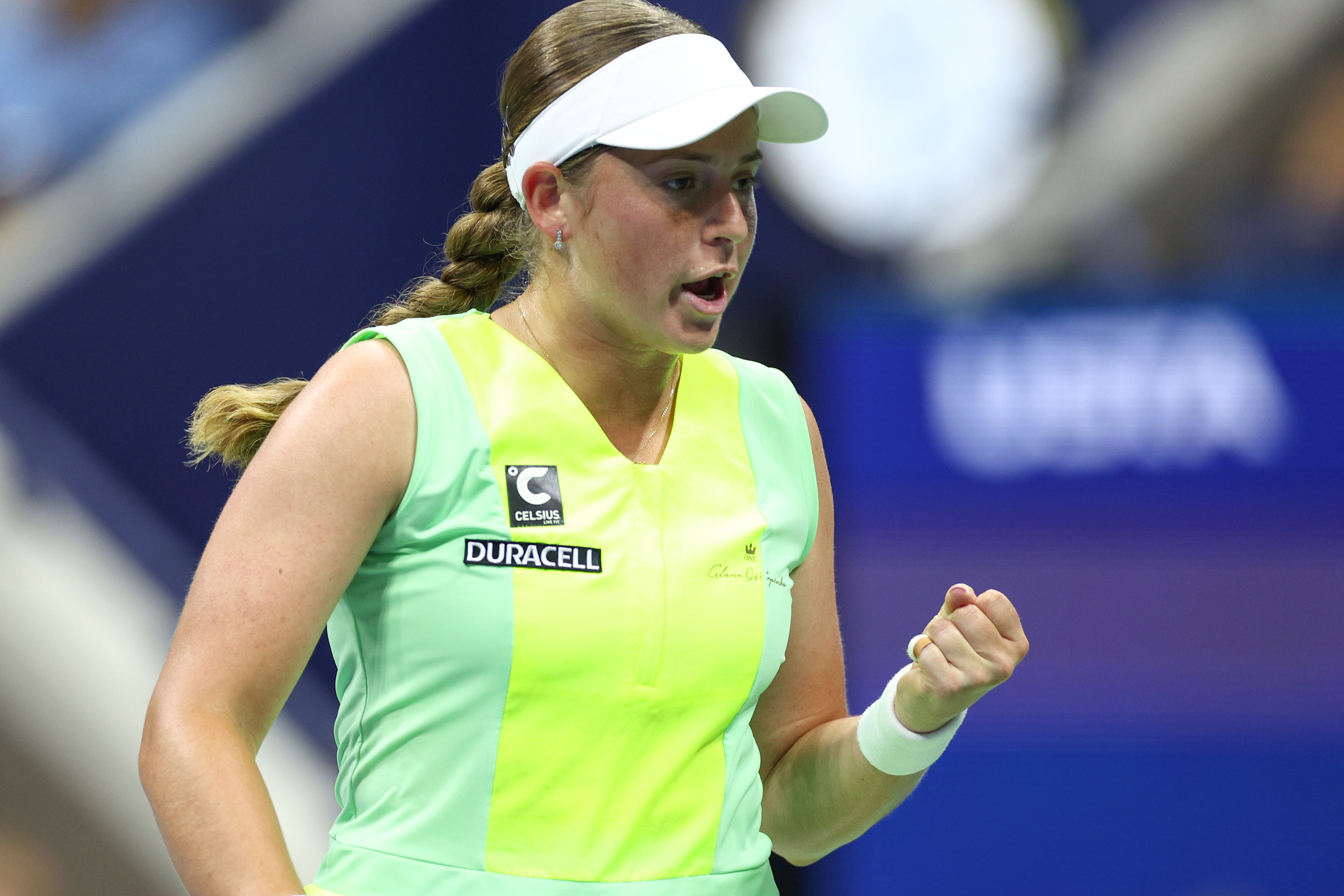 Jelena Ostapenko of Latvia reacts against Iga Swiatek of Poland during their Women's Singles Fourth Round match on Day Seven of the 2023 US Open at the USTA Billie Jean King National Tennis Center on September 03, 2023 in the Flushing neighborhood of the Queens borough of New York City. (Photo by Elsa/Getty Images)