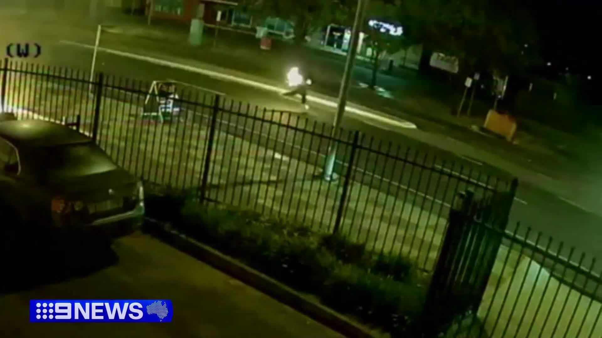 CCTV shows would-be arsonist accidentally setting themselves on fire