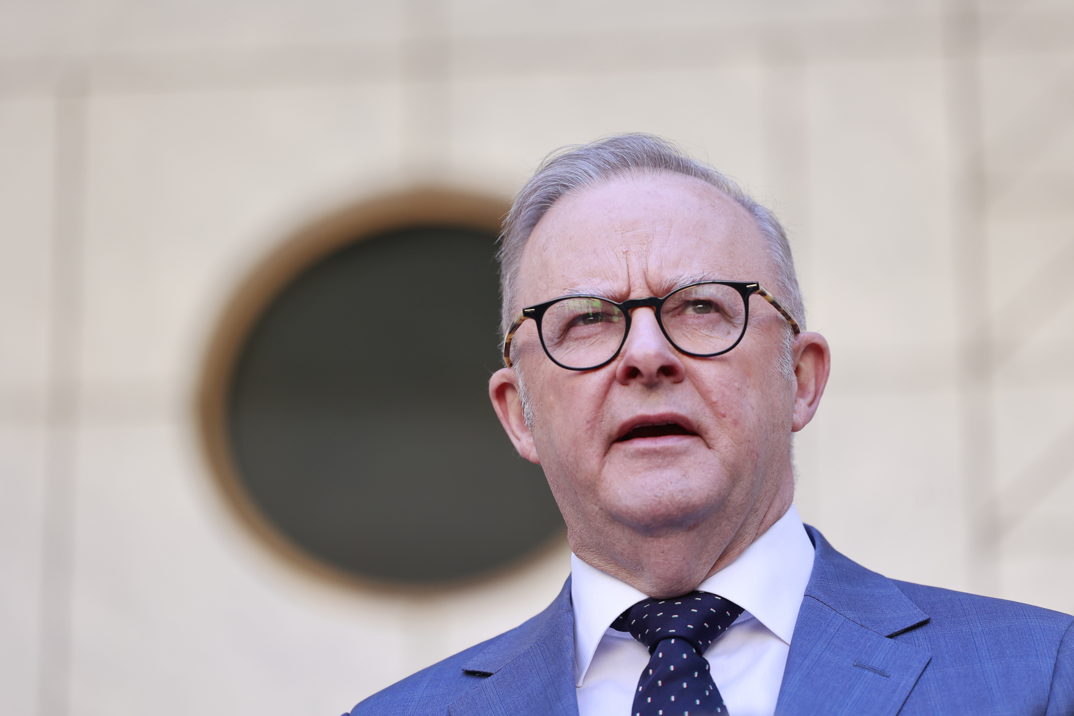 CANBERRA, AUSTRALIA - OCTOBER 08:  Australia's Prime Minister Anthony Albanese speaks to the media at Parliament House on October 08, 2025 in Canberra, Australia. Singapore's Prime Minister Wong is on a weeklong visit to Australia and New Zealand, both of which have strong historical ties and are allies of Singapore. (Photo by Hilary Wardhaugh/Getty Images)