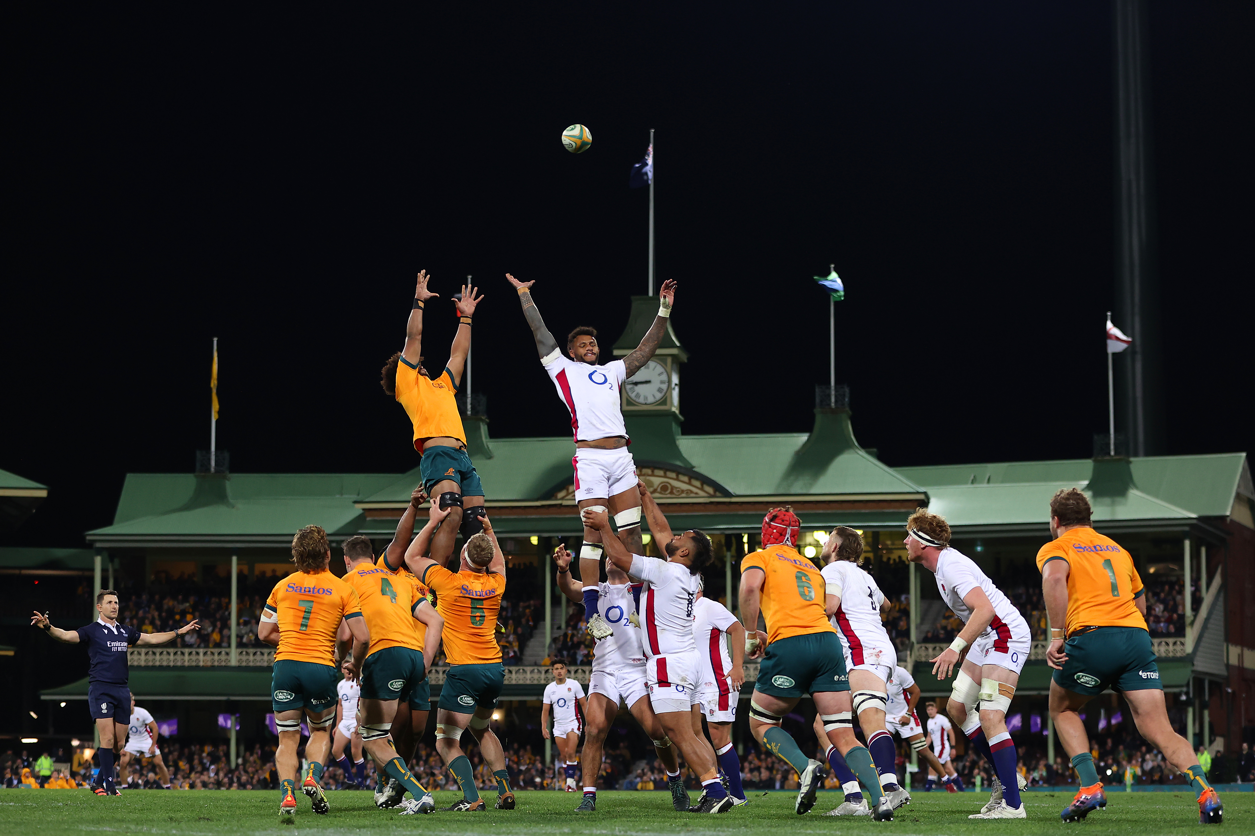  AUSTRALIA - JULY 16: Rob Valetini of the Wallabies and Courtney Lawes of England compete for the ball line out throw ball during game three of the International Test match series between the Australia Wallabies and England at the Sydney Cricket Ground
