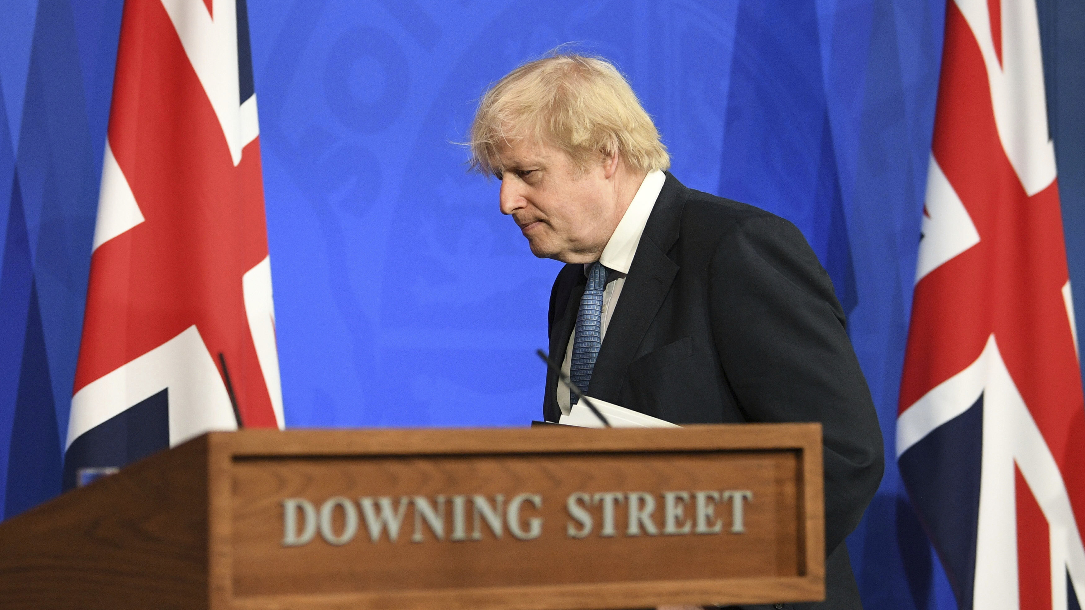 Britain's Prime Minister Boris Johnson leaves, after a coronavirus briefing in Downing Street, London