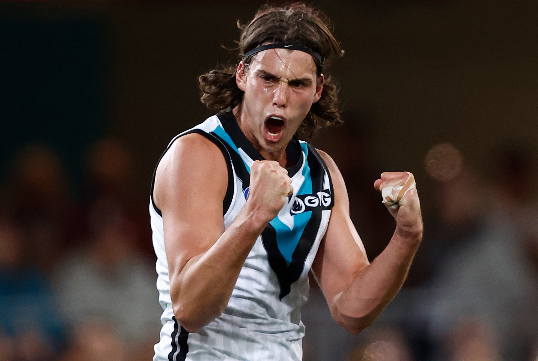 BRISBANE, AUSTRALIA - SEPTEMBER 09: Ollie Lord of the Power celebrates a goal during the 2023 AFL Second Qualifying Final match between the Brisbane Lions and the Port Adelaide Power at The Gabba on September 09, 2023 in Brisbane, Australia. (Photo by Michael Willson/AFL Photos via Getty Images)