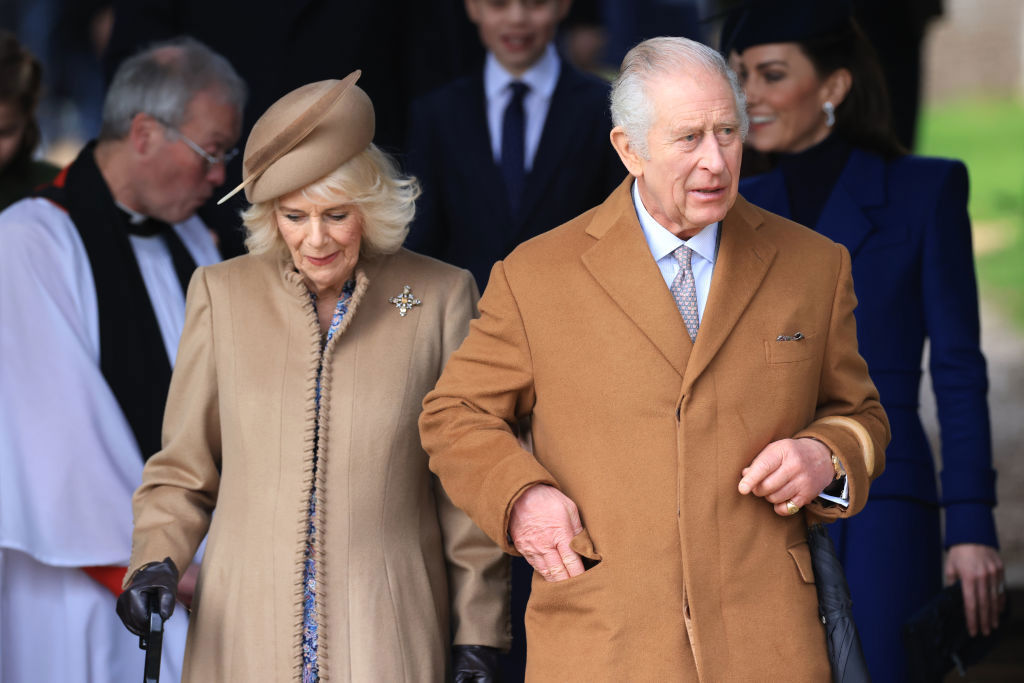 King Charles III and Queen Camilla attend the Christmas Morning Service at Sandringham Church on December 25, 2023 in Sandringham, Norfolk.