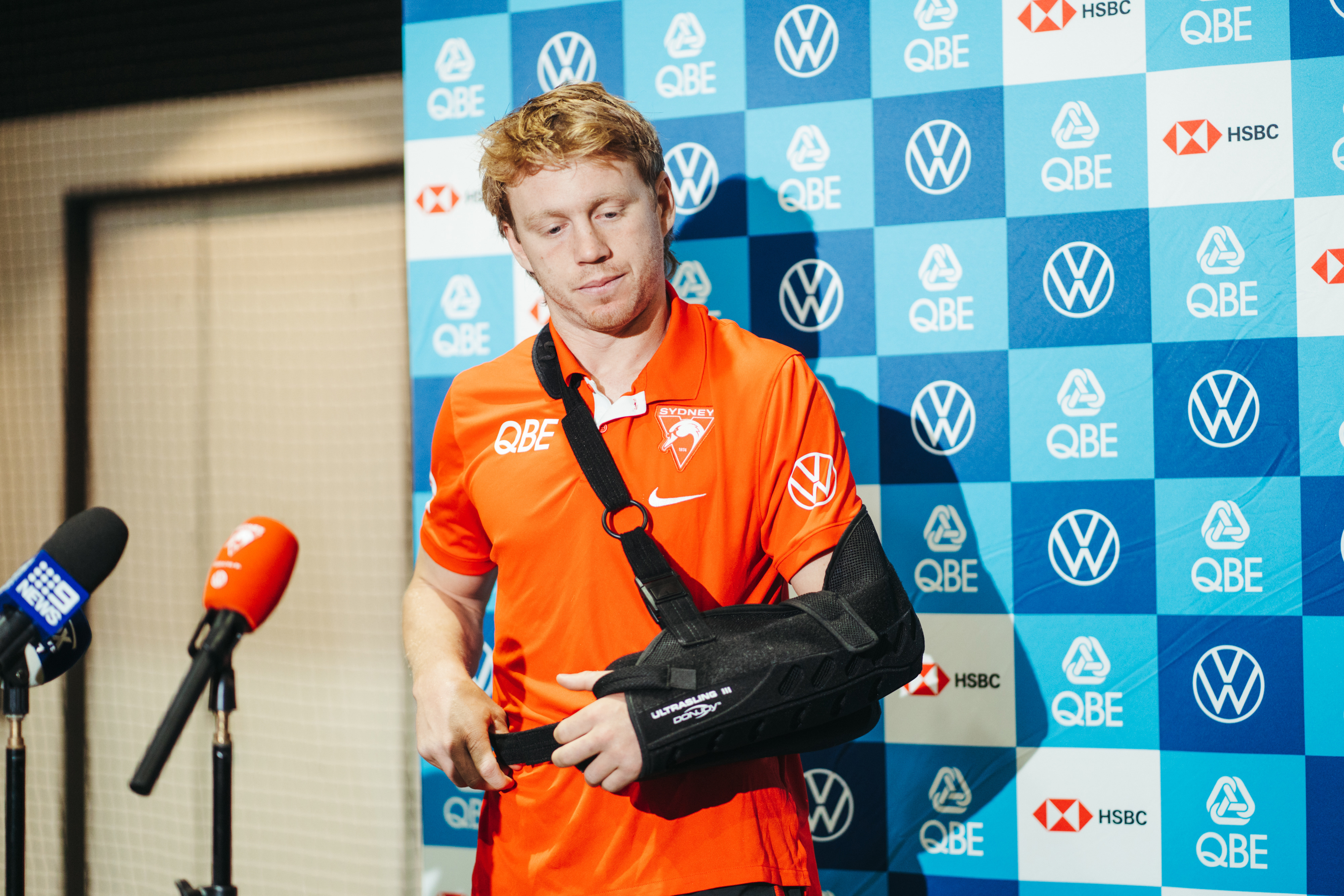 Sydney Swans co-captain Callum Mills at a press conference to talk about his injury.