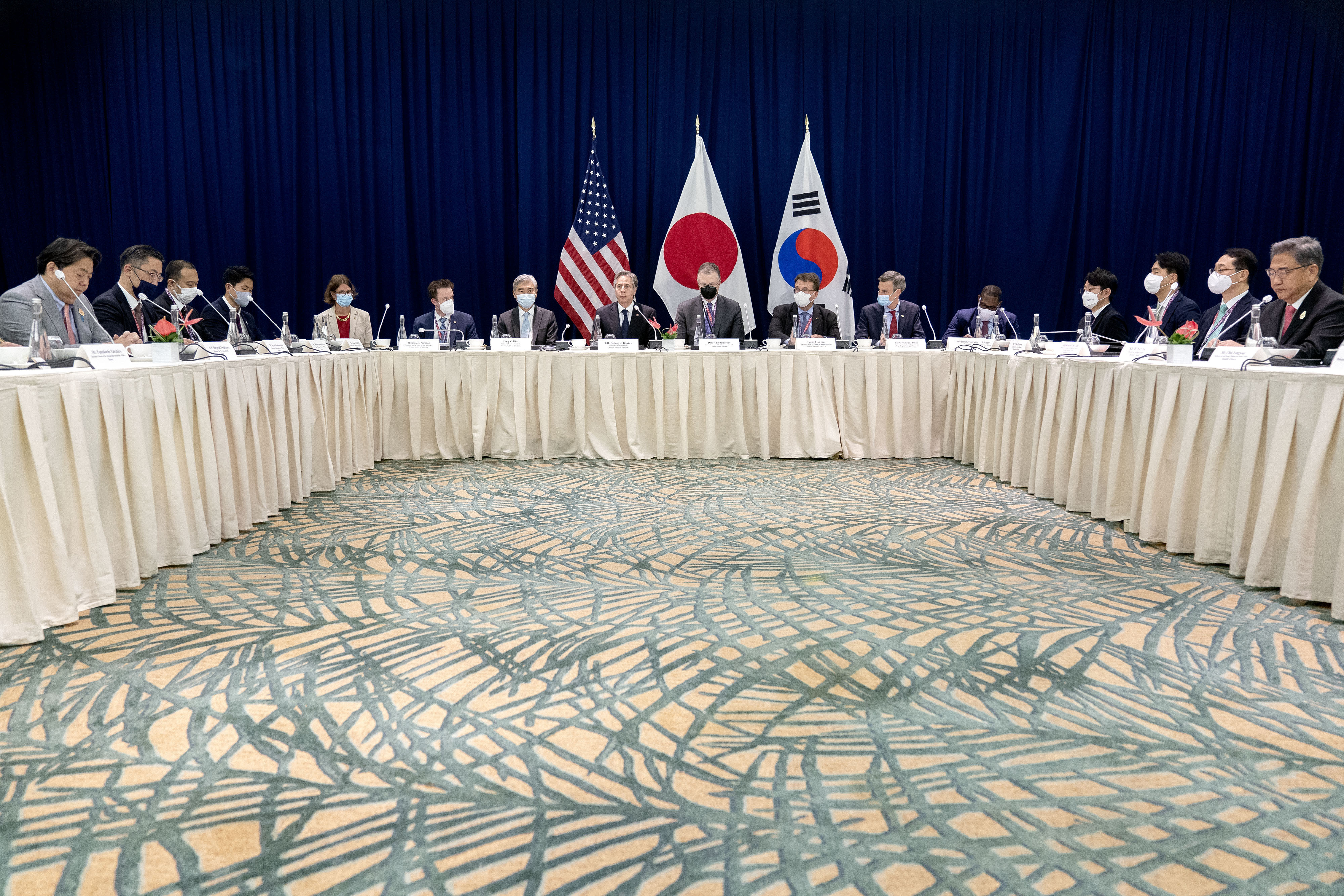 US Secretary of State Antony Blinken, centre,  participates in a trilateral meeting with South Korean Foreign Minister Park Jin, right, and Japanese Foreign Minister Yoshimasa Hayashi, left, during the G-20 Foreign Ministers Summit in Nusa Dua, on Indonesia's resort island of Bali Friday, July 8, 2022. (Stefani Reynolds/Pool Photo via AP)