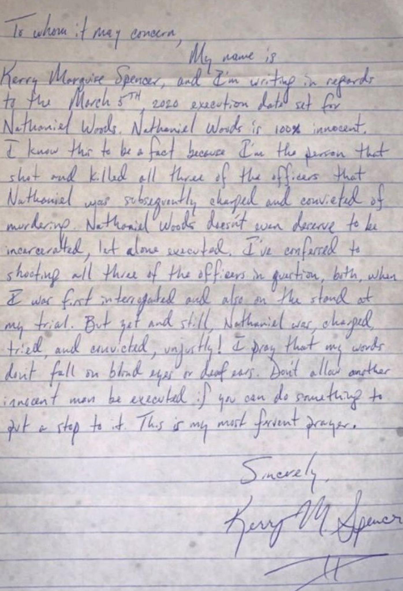A letter from Kerry Spencer claiming Woods' innocence.
