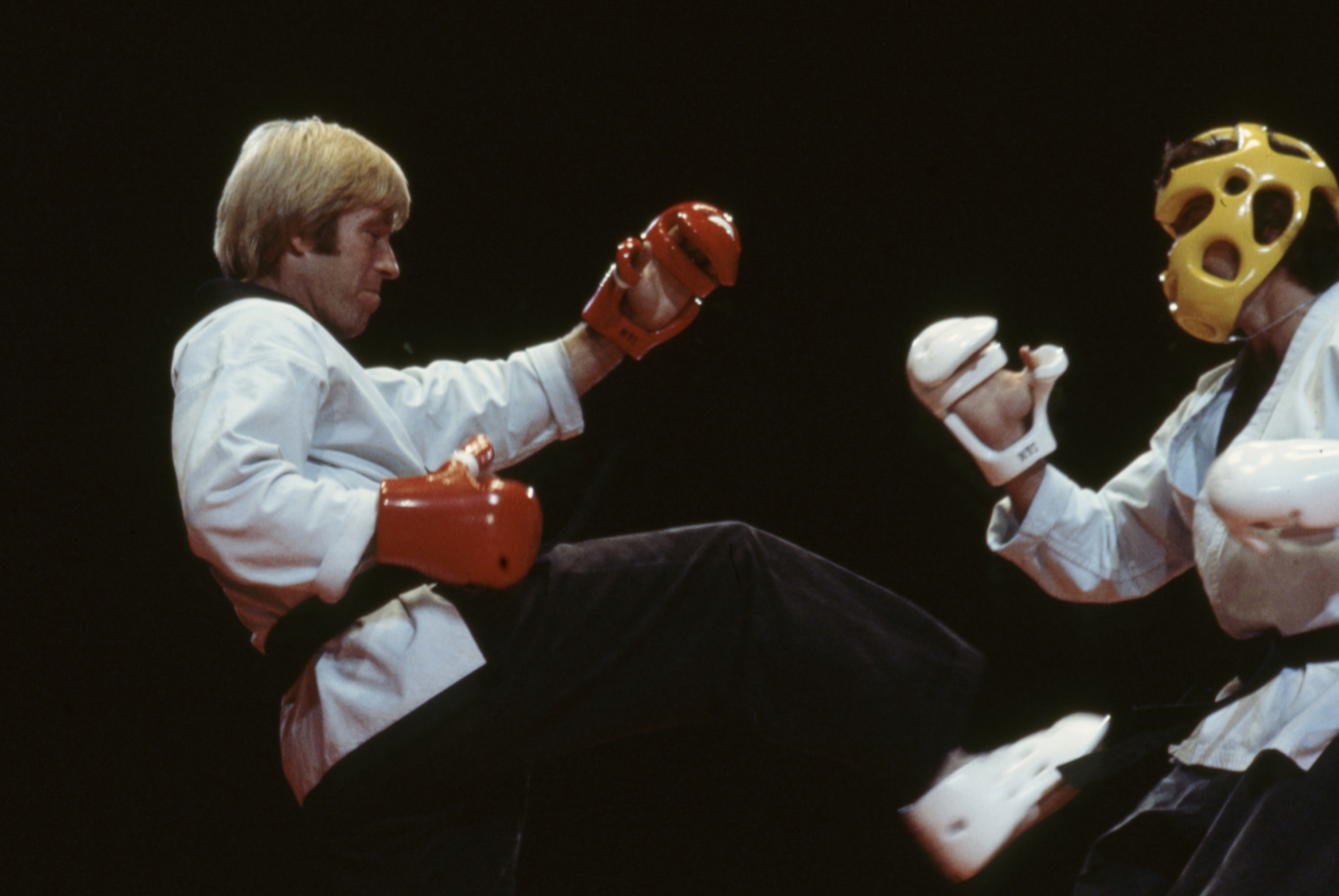 Chuck Norris competing in exhibition round in International Karate Tournament, appearing on the ABC tv series 'Wide World of Entertainment'. 