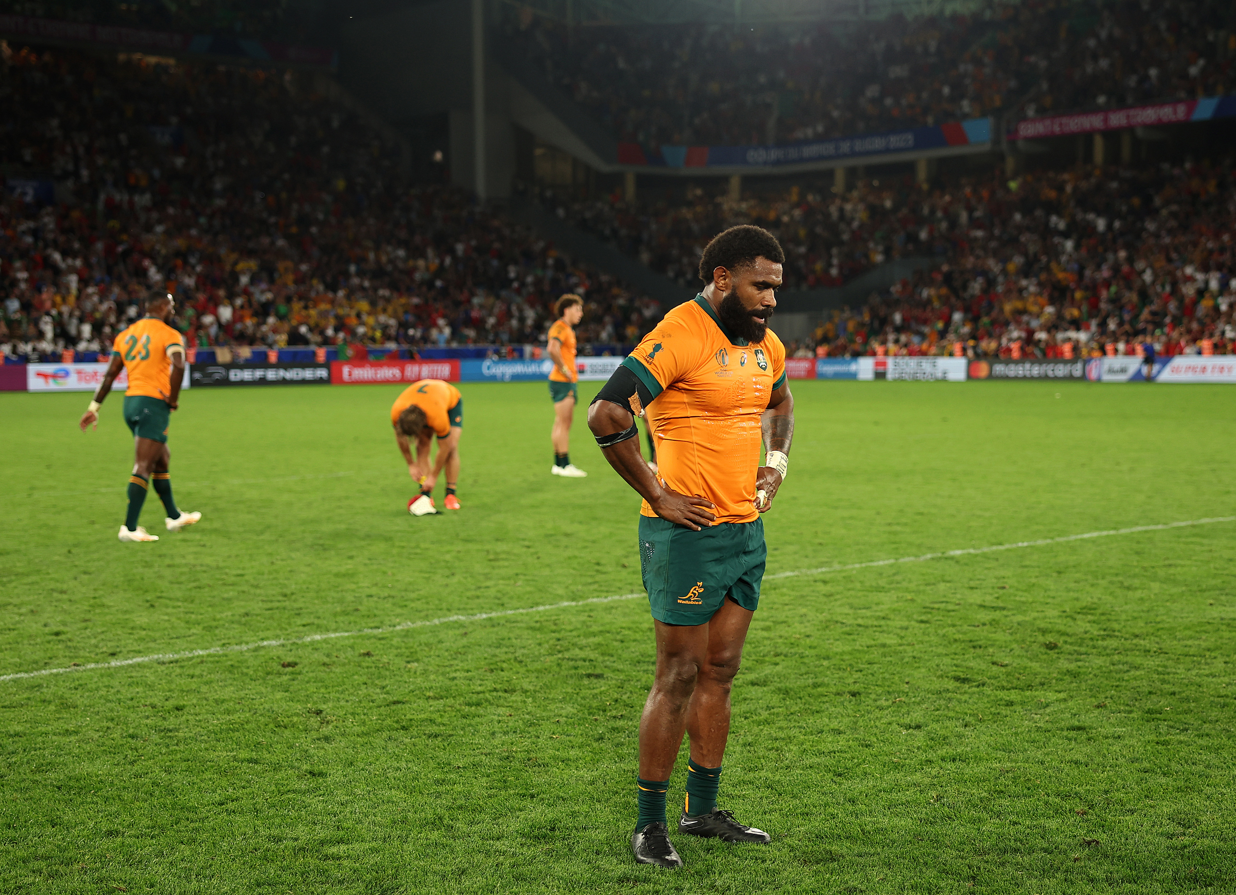 Marika Koroibete of Australia looks dejected at full-time following the Rugby World Cup France 2023 match between Australia and Portugal.