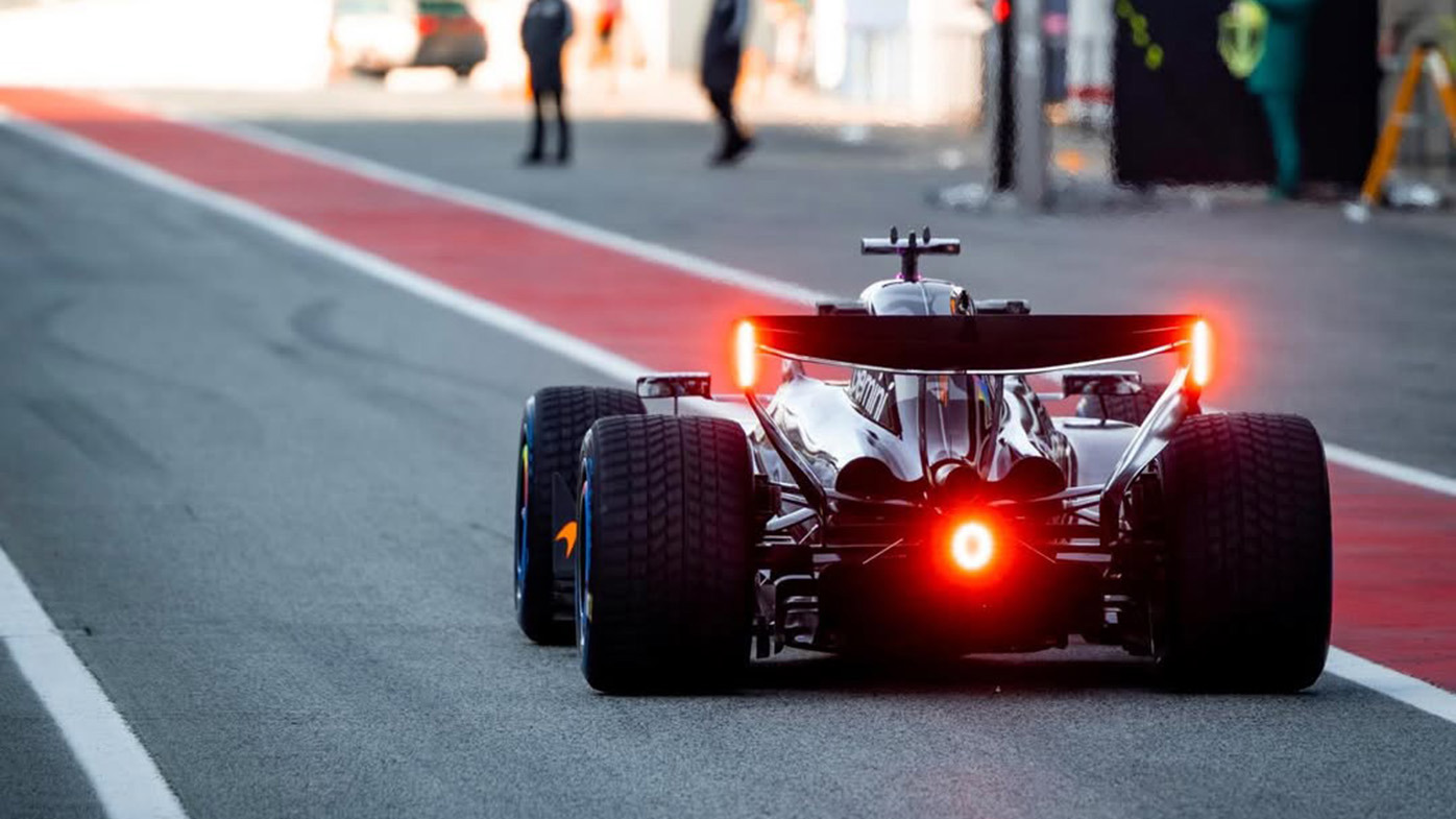 Oscar Piastri leaving the pits during the pre-season shakedown in Barcelona.