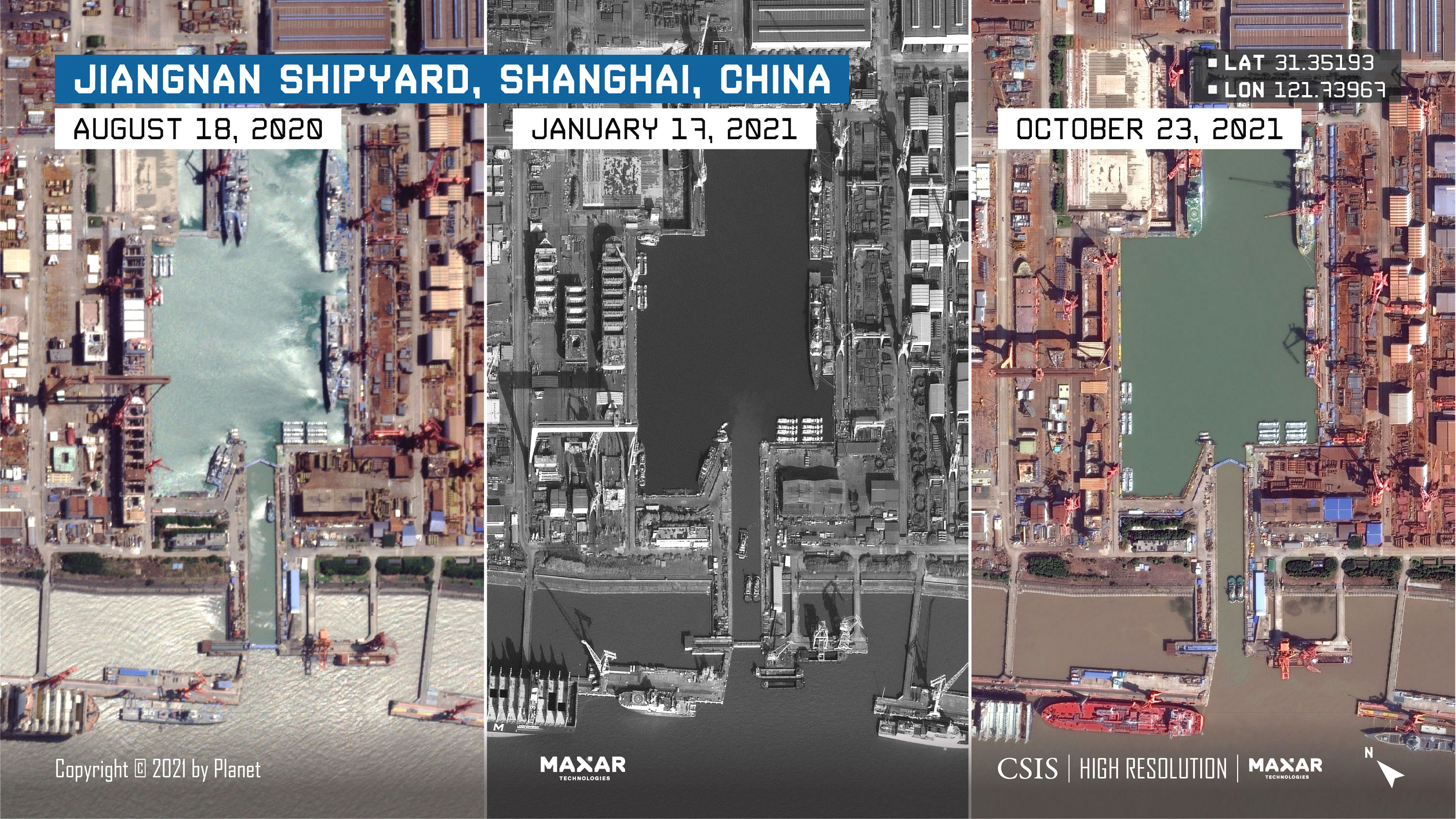 Varying numbers of People's Liberation Army Navy surface combatants are visible over time in the floodable basin at Jiangnan shipyard in Shanghai.