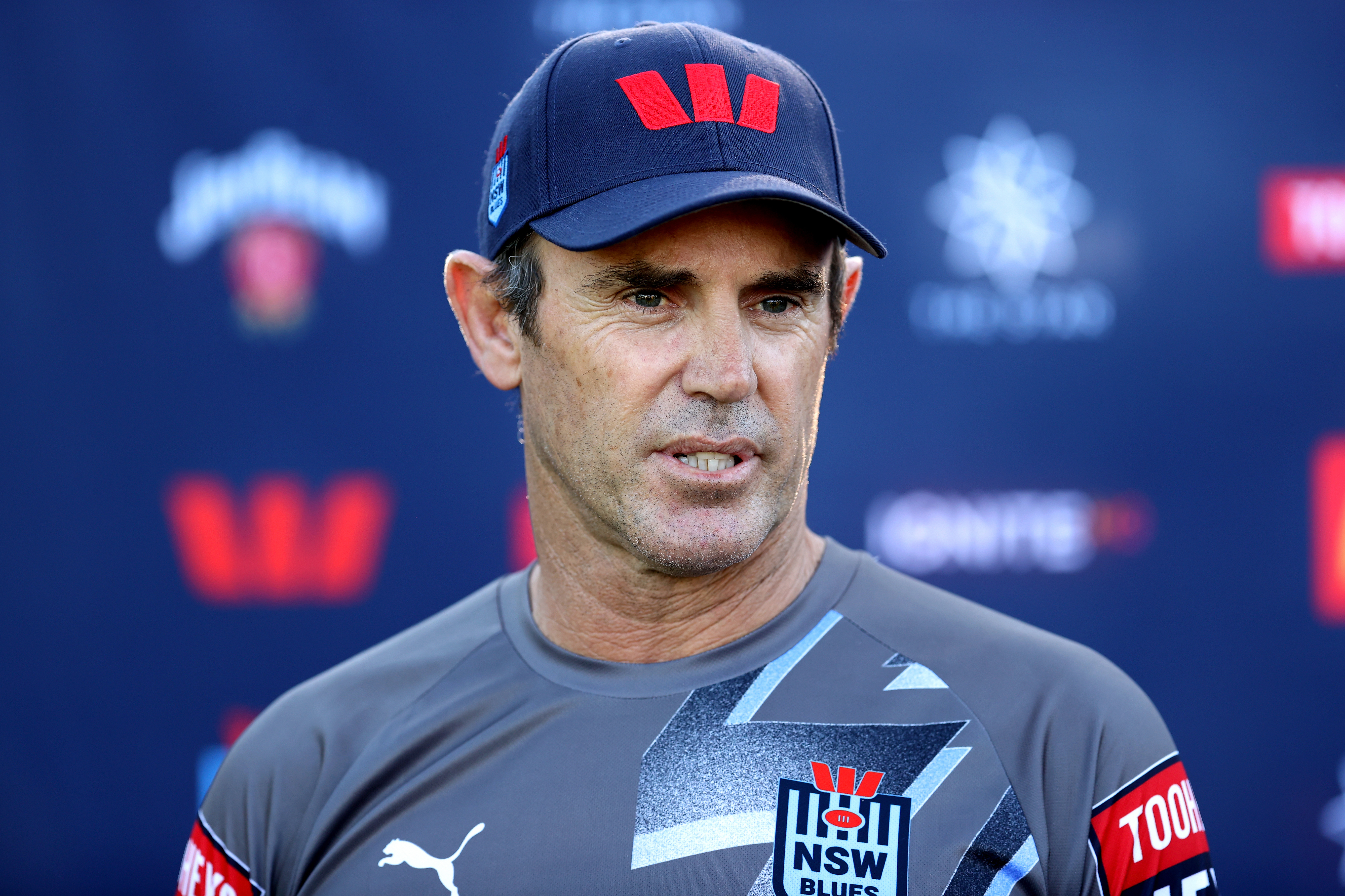 SYDNEY, AUSTRALIA - JULY 11: Blues coach, Brad Fittler speaks to the media during the New South Wales Blues State of Origin captain's run at NSWRL Centre of Excellence on July 11, 2023 in Sydney, Australia. (Photo by Brendon Thorne/Getty Images)