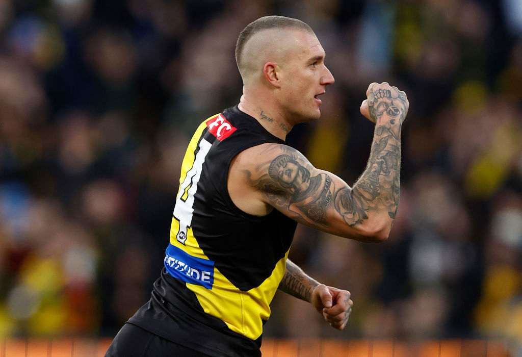 Dustin Martin celebrates milestone goal; Dustin Martin 300th game.