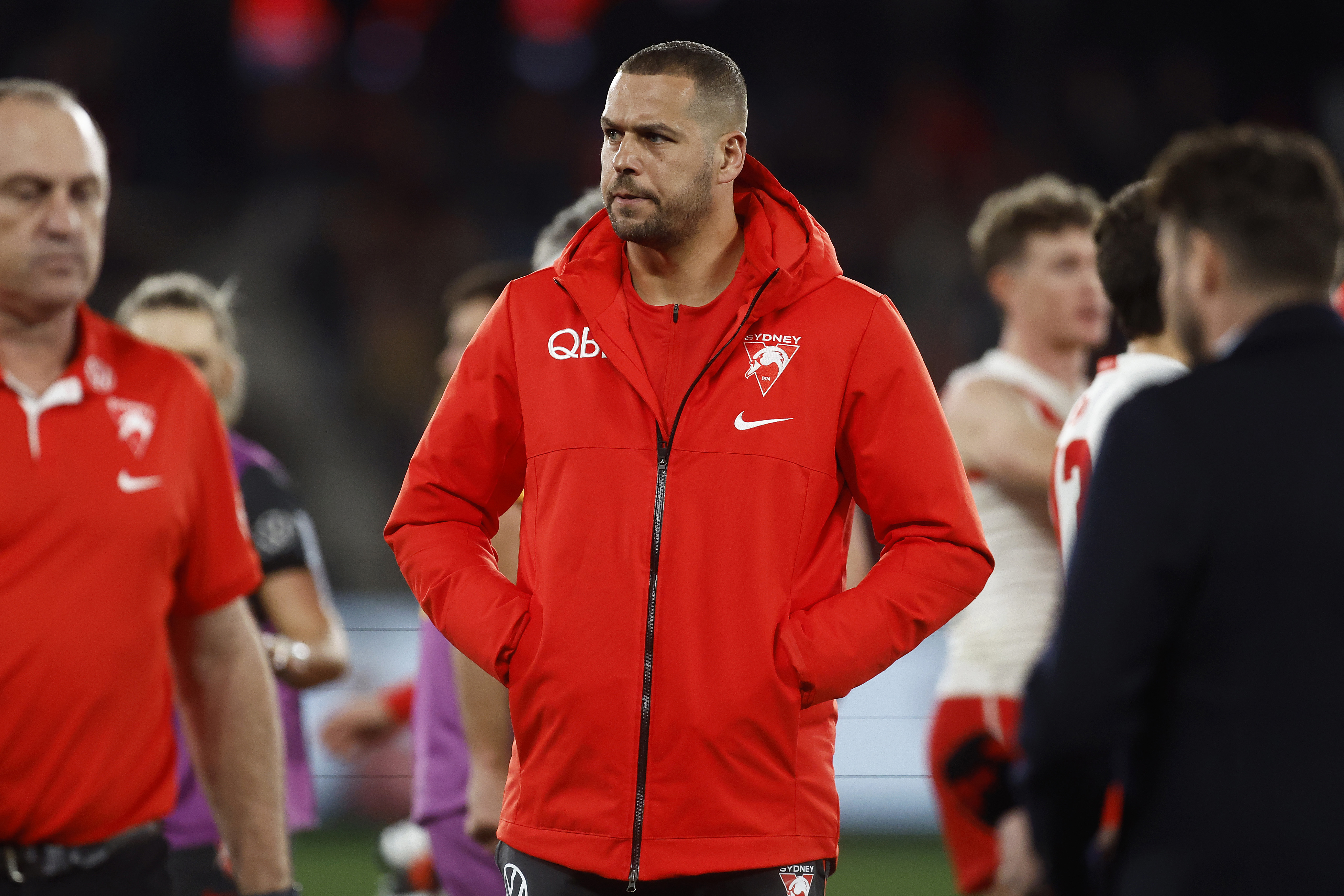 MELBOURNE, AUSTRALIA - JULY 29: Lance Franklin of the Swans looks on at three quarter time during the round 20 AFL match between Essendon Bombers and Sydney Swans at Marvel Stadium, on July 29, 2023, in Melbourne, Australia. (Photo by Daniel Pockett/Getty Images)