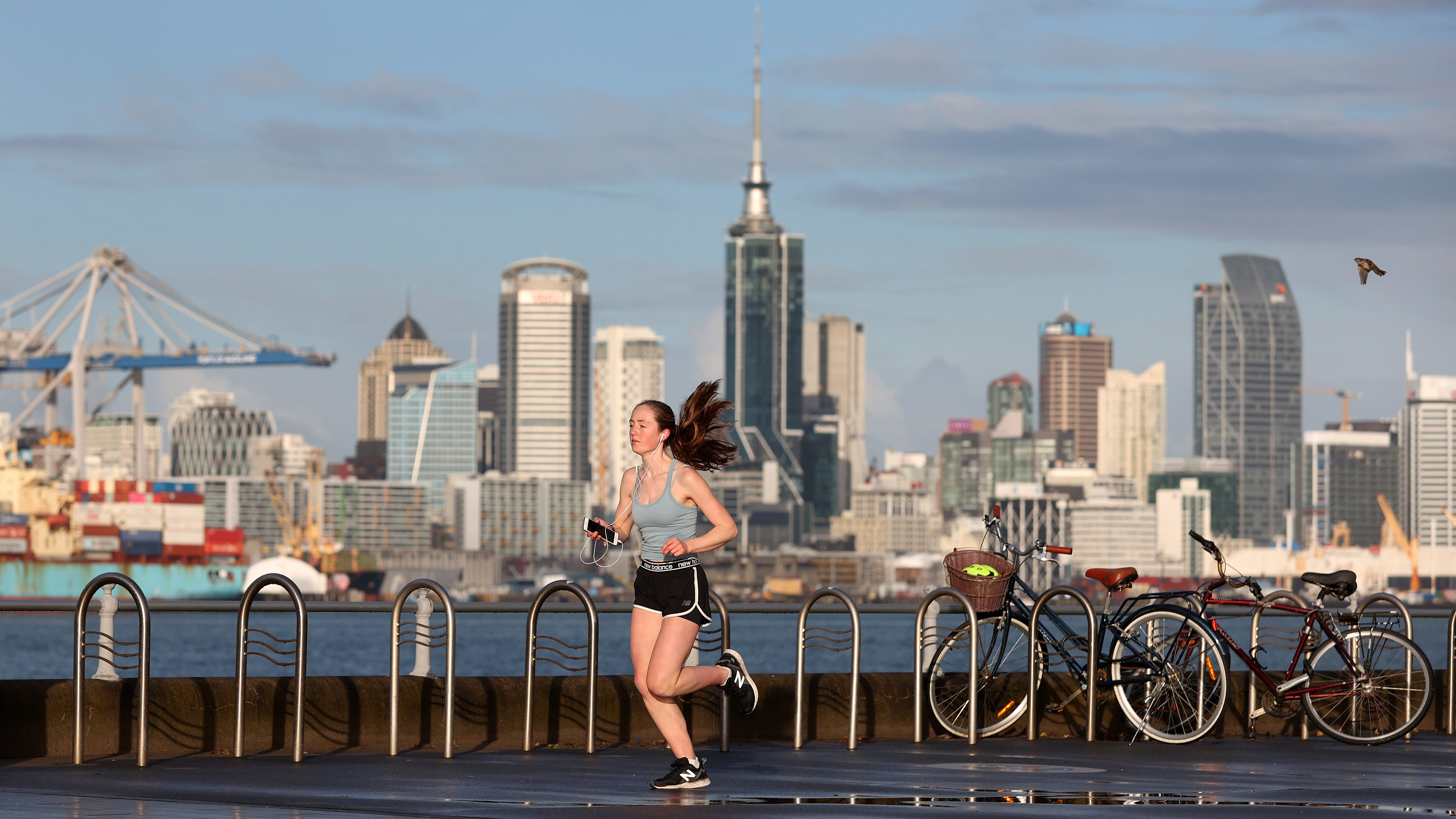 A lone runner along Devonport's waterfront as Auckland wakes to level four lockdown.