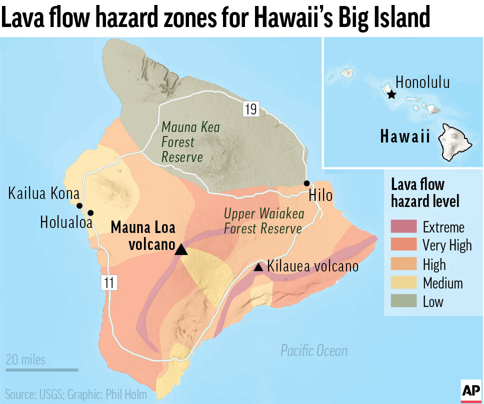 El flujo de lava de Mauna Loa en Hawái está a unos cuatro kilómetros de la carretera.