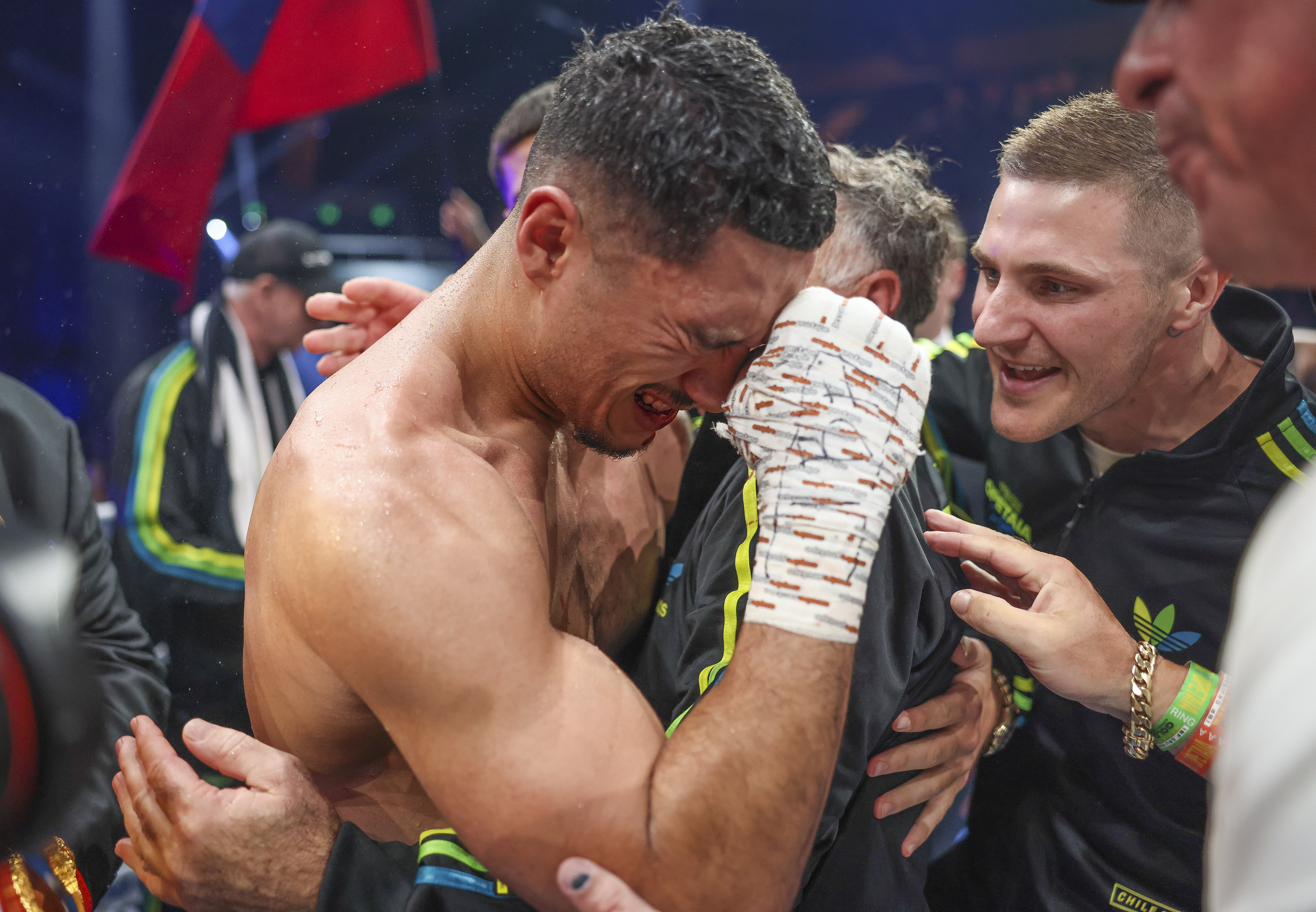 Jai Opetaia celebrates winning the IBF cruiserweight world title against Mairis Briedis at Gold Coast Convention and Exhibition Centre. (Photo by Peter Wallis/Getty Images)