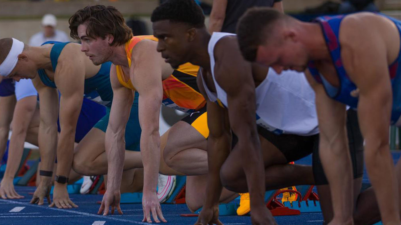 Rohan Browning in the blocks on Friday afternoon.