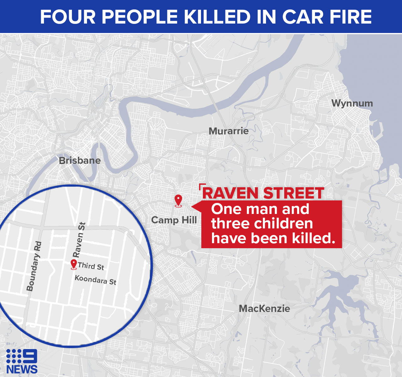 A map of Brisbane showing the location of the car on fire in Camp Hill