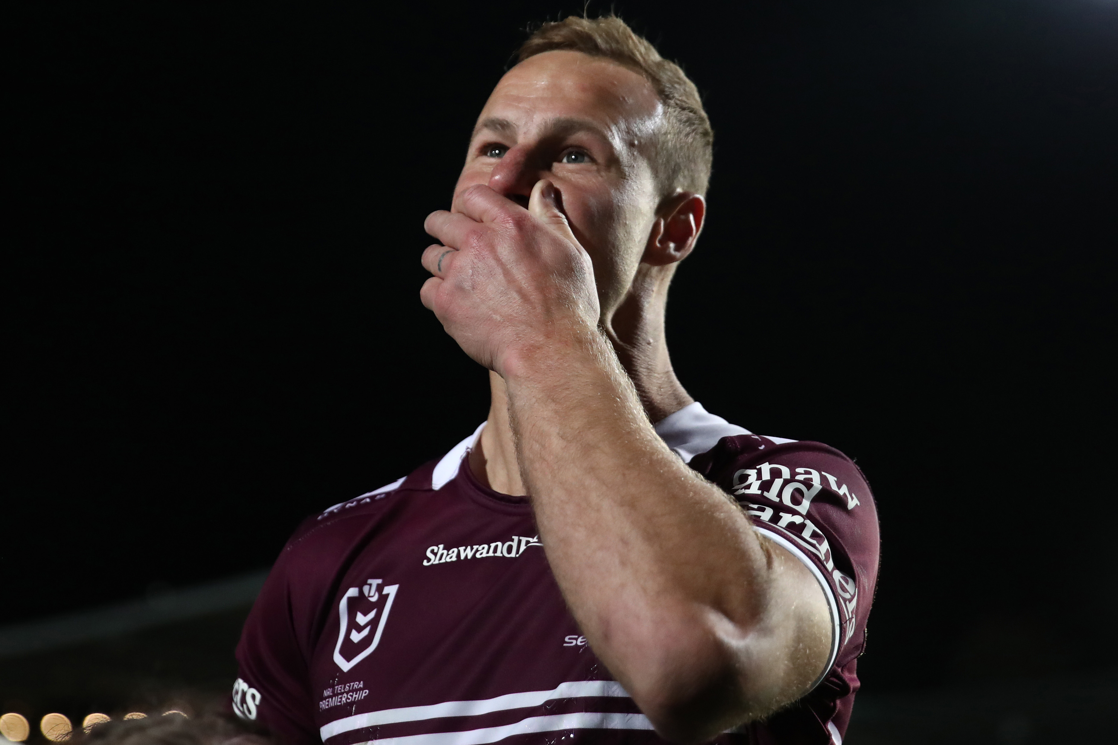 SYDNEY, AUSTRALIA - SEPTEMBER 05: Daly Cherry-Evans of the Sea Eagles reacts following the round 27 NRL match between Manly Sea Eagles and New Zealand Warriors at 4 Pines Park on September 05, 2025 in Sydney, Australia. (Photo by Jason McCawley/Getty Images)