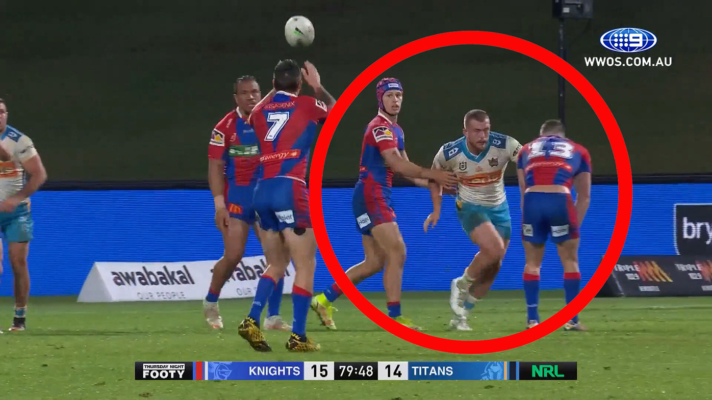 Mitchell Pearce prepares to kick the match-winning field goal against Gold Coast.