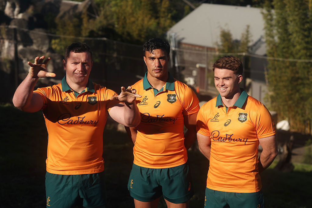 Angus Bell, Joseph-Aukuso Suaalii and Andrew Kellaway pose in the lions enclosure.
