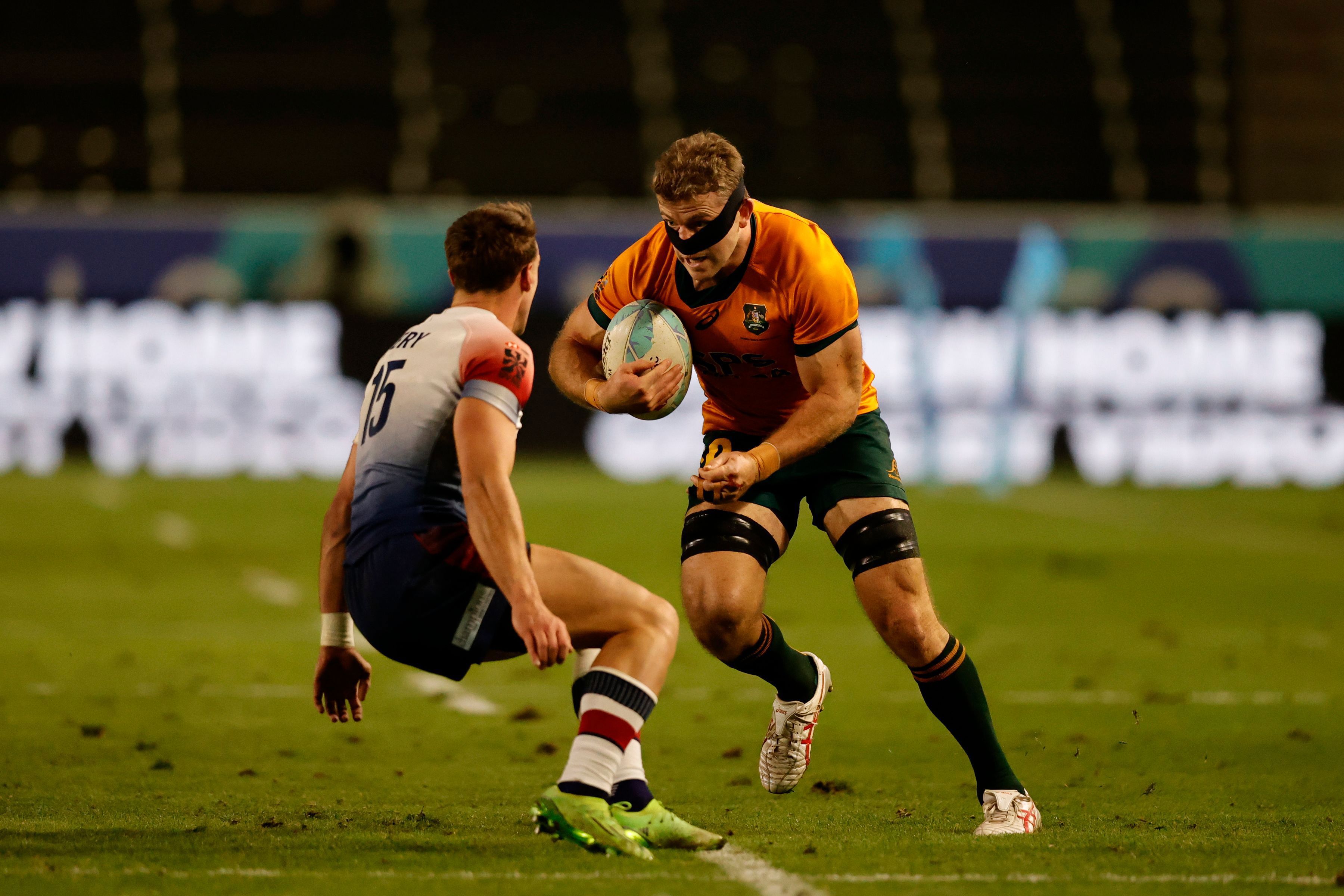 Australia captain Nick Malouf charges through the Great Britain defense on day two of the HSBC SVNS at Dignity Health Sports Park.