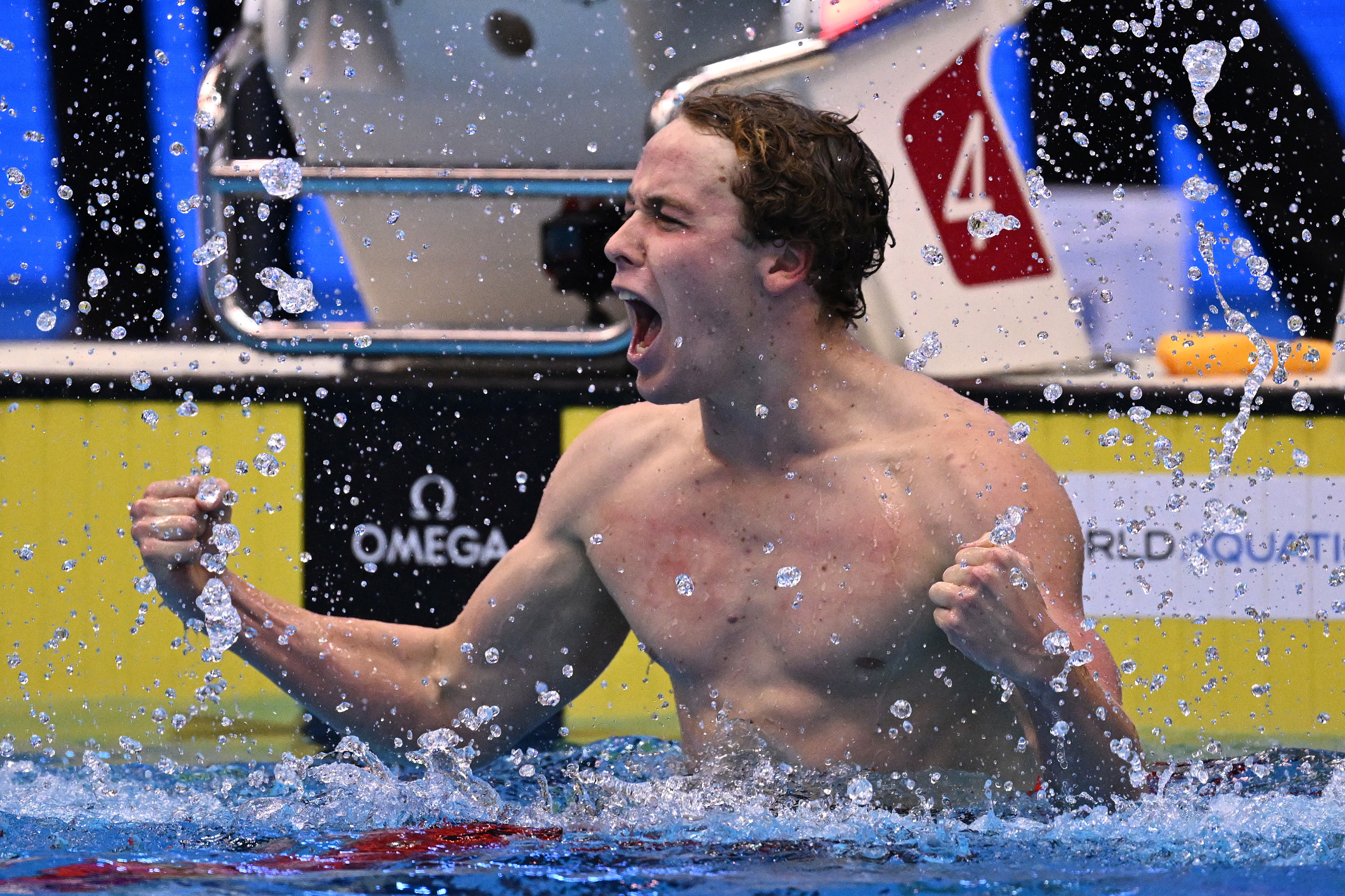 FUKUOKA, JAPAN - JULY 23: Sam Short of Team Australia reacts after winning gold in the Men's 400m Freestyle Final on day one of the Fukuoka 2023 World Aquatics Championships at Marine Messe Fukuoka Hall A on July 23, 2023 in Fukuoka, Japan. (Photo by Quinn Rooney/Getty Images)