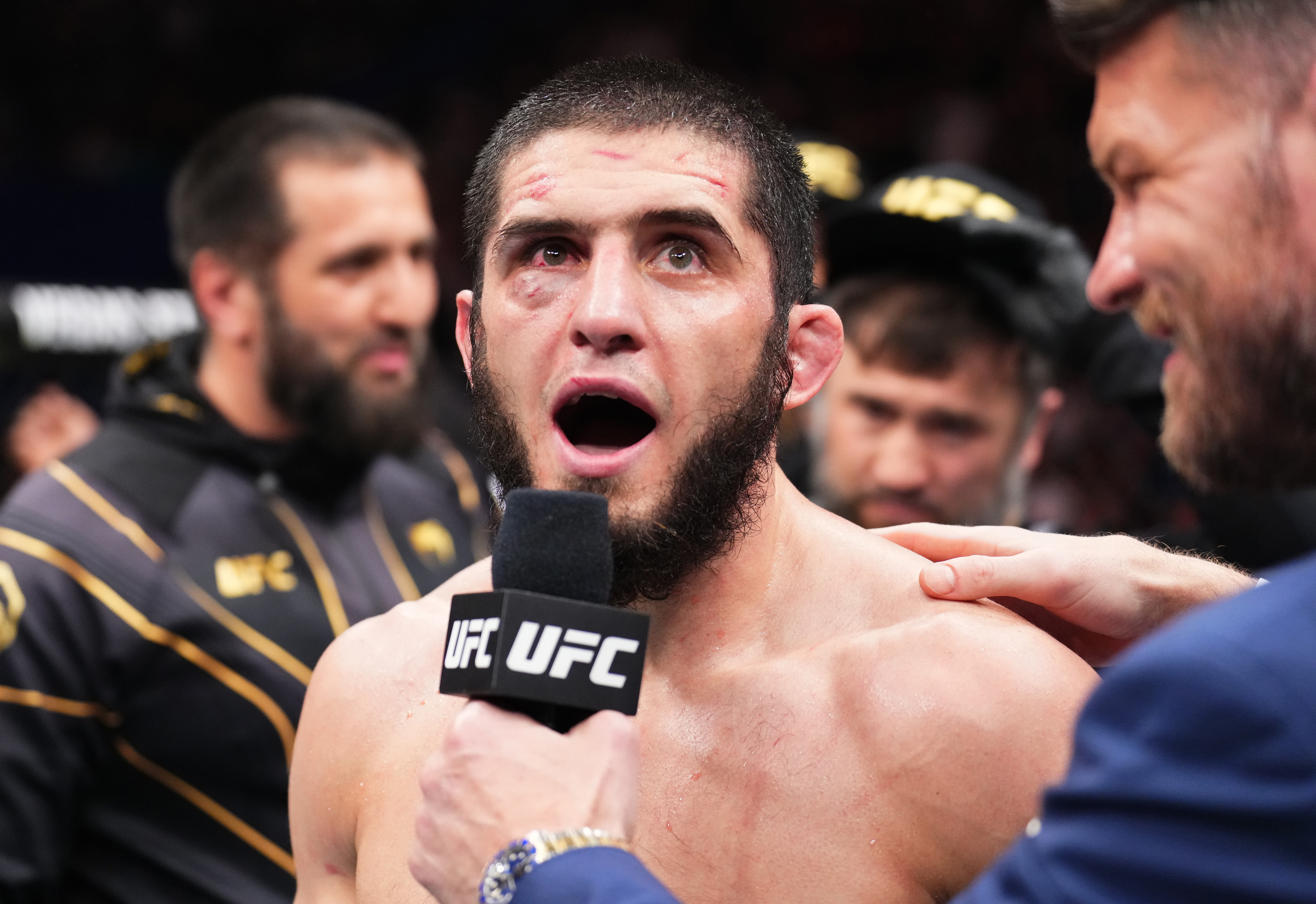 Islam Makhachev of Russia reacts after his victory over Alexander Volkanovski of Australia in Perth. (Photo by Chris Unger/Zuffa LLC)