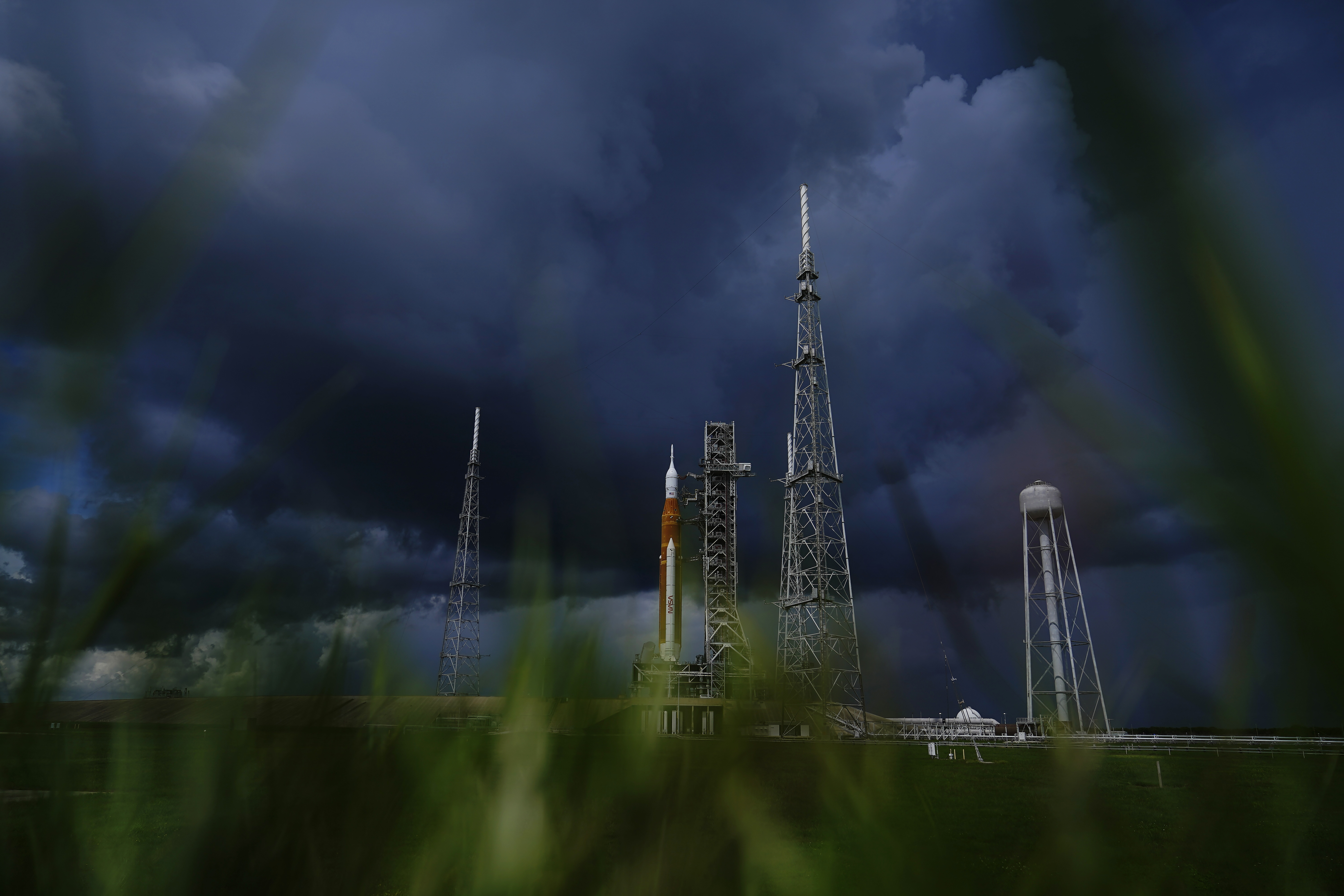 The NASA moon rocket stands on Pad 39B before the Artemis 1 mission to orbit the moon at the Kennedy Space Center, Friday, Sept. 2, 2022, in Cape Canaveral, Fla. (AP Photo/Brynn Anderson)