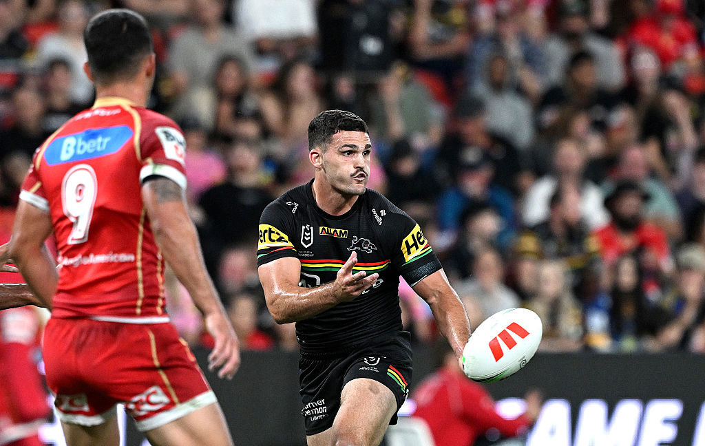 Nathan Cleary of the Panthers passes the ball.
