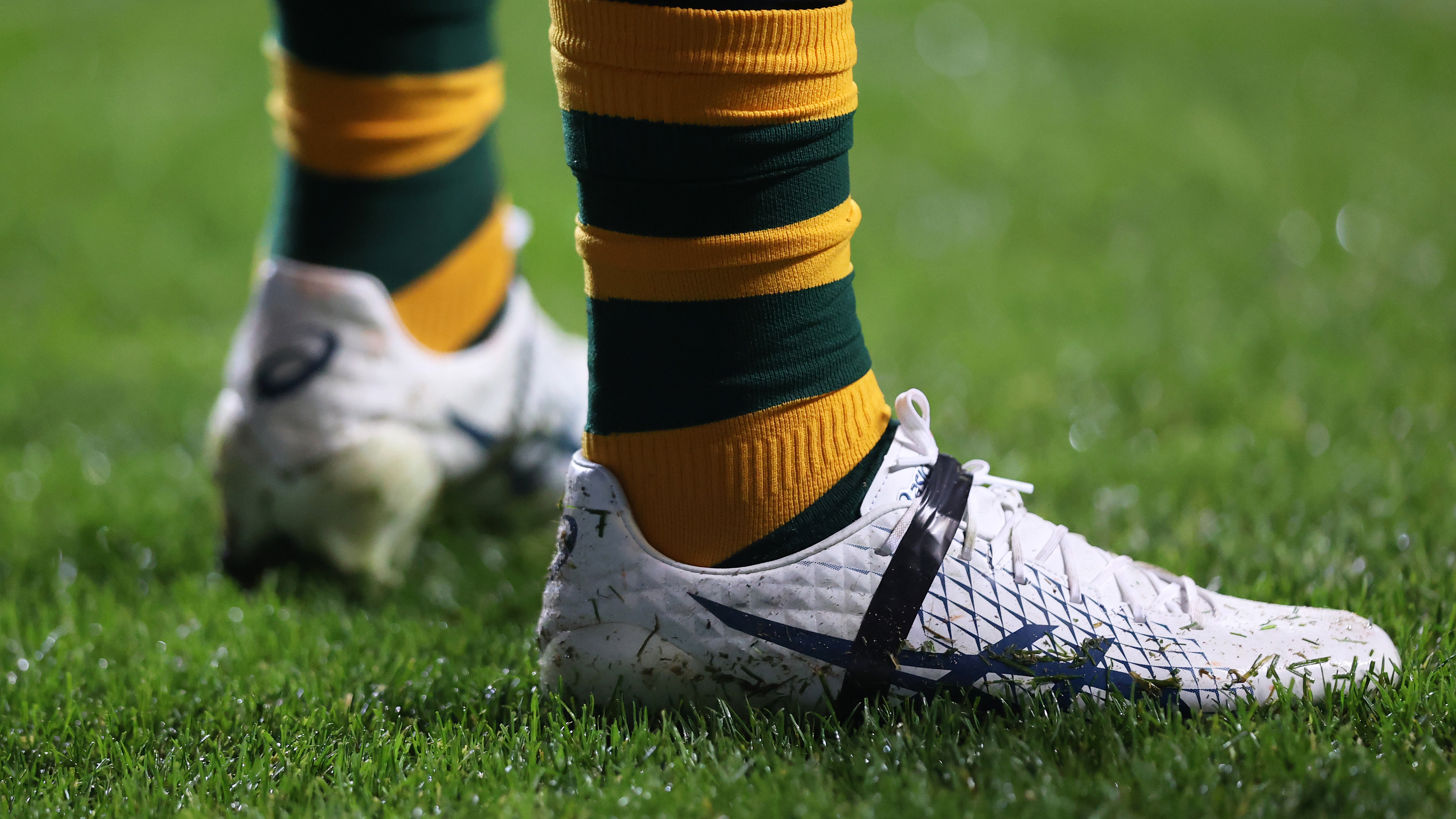 Detailed view of the boots of Patrick Carrigan of Australia during the Rugby League World Cup 2021 Pool B match between Australia and Scotland at The Coventry Building Society Arena on October 21, 2022 in Coventry, England. (Photo by Naomi Baker/Getty Images)
