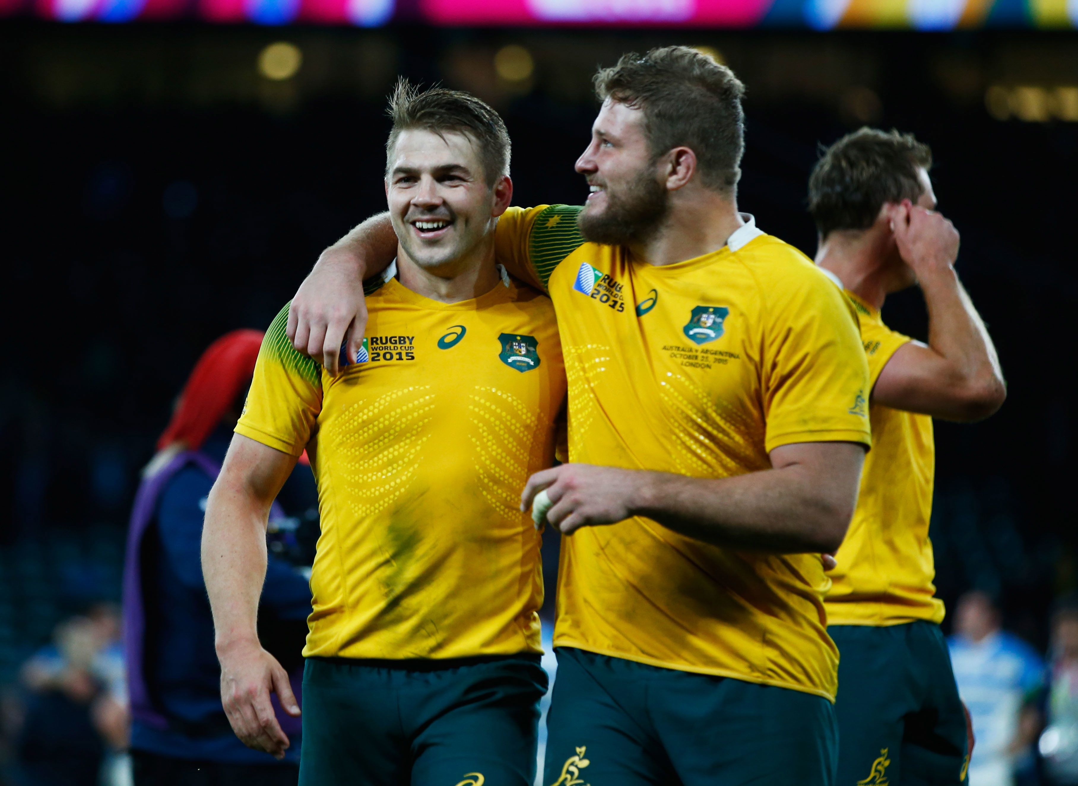 Drew Mitchell and James Slipper of Australia celebrate after the 2015 Rugby World Cup semi-final.