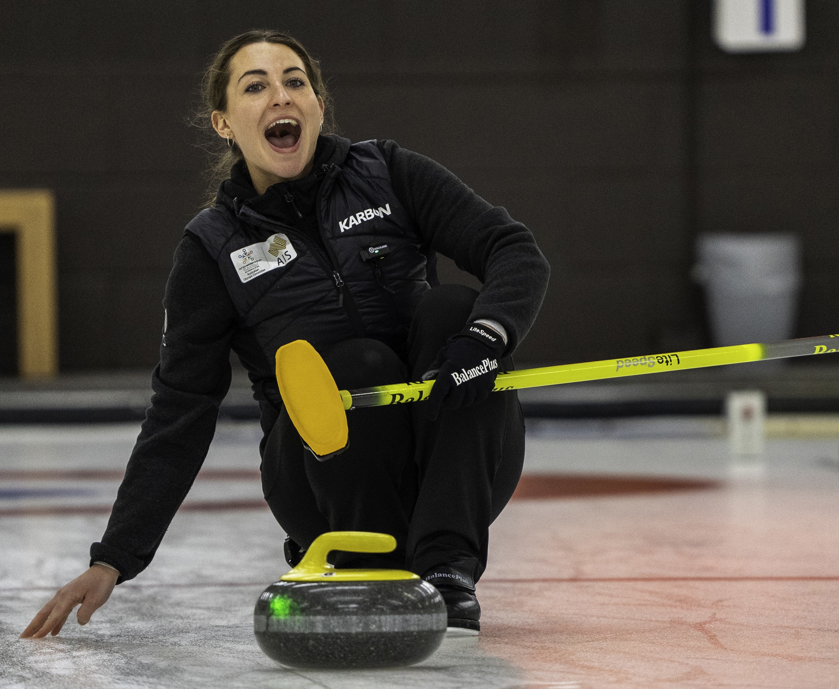 Australia's Tahli Gill in action in the bronze-medal match of the mixed doubles competition at the 2025 curling world championships in Canada.