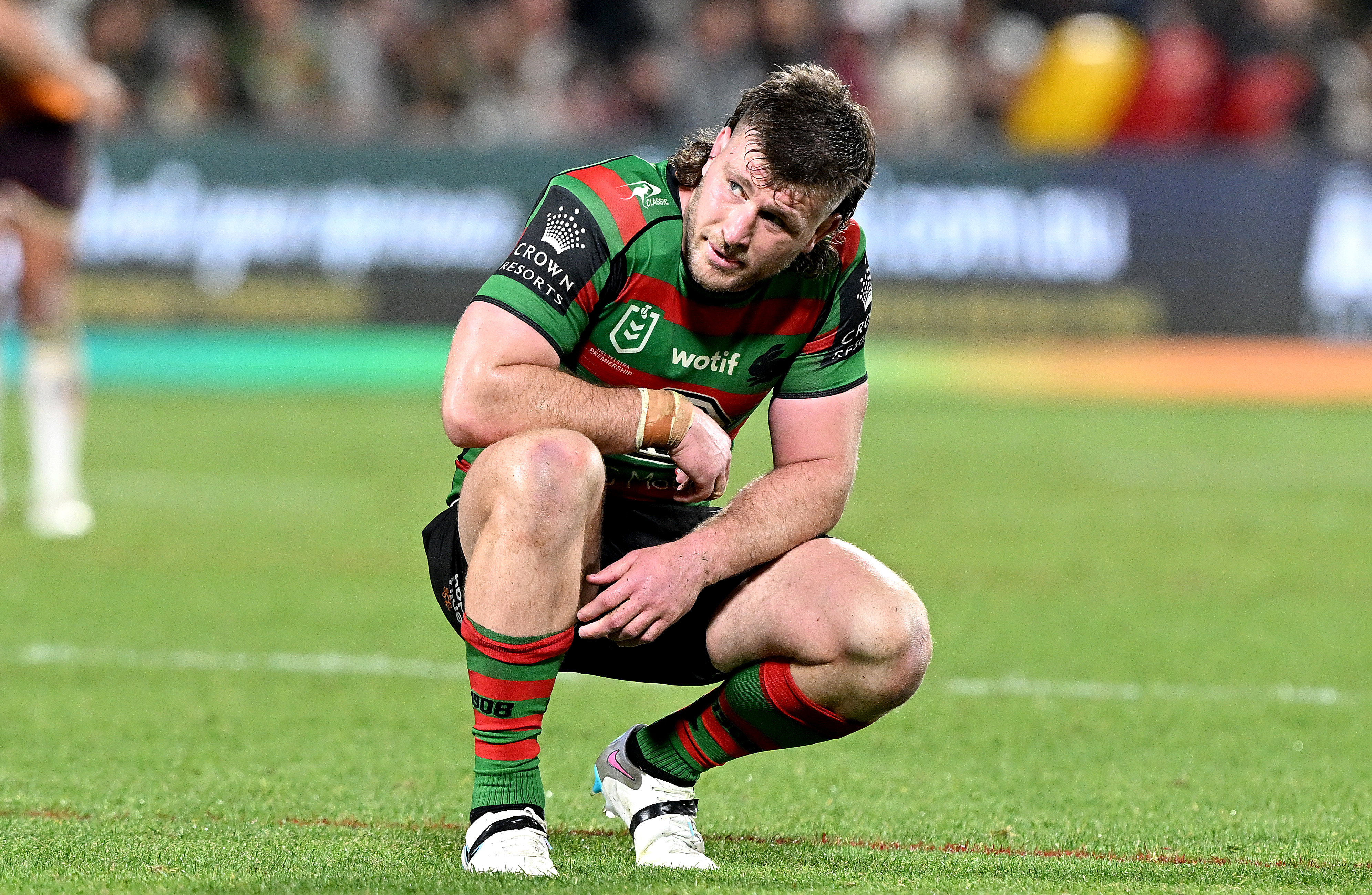 SUNSHINE COAST, AUSTRALIA - JULY 21: Jai Arrow of the Rabbitohs looks dejected after his team loses the round 21 NRL match between South Sydney Rabbitohs and Brisbane Broncos at Sunshine Coast Stadium on July 21, 2023 in Sunshine Coast, Australia. (Photo by Bradley Kanaris/Getty Images)