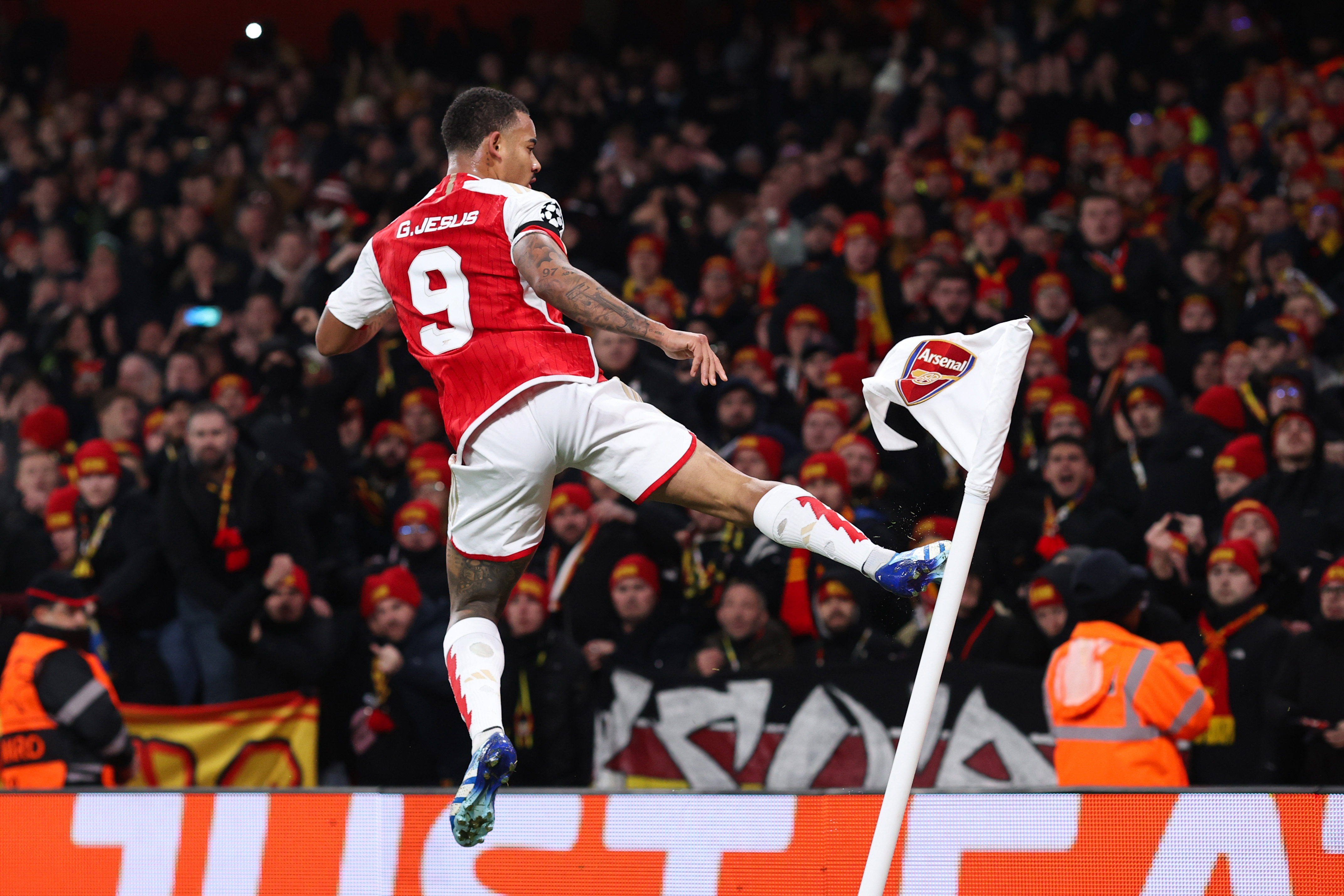 Gabriel Jesus of Arsenal celebrates their second goal.