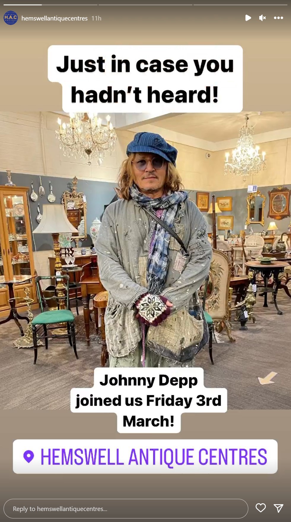 Johnny Depp surprises staff in UK antique store.