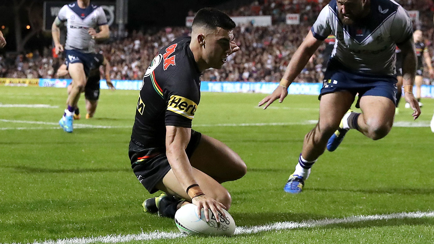 Charlie Staines scores for the Panthers during their win over Melbourne. 