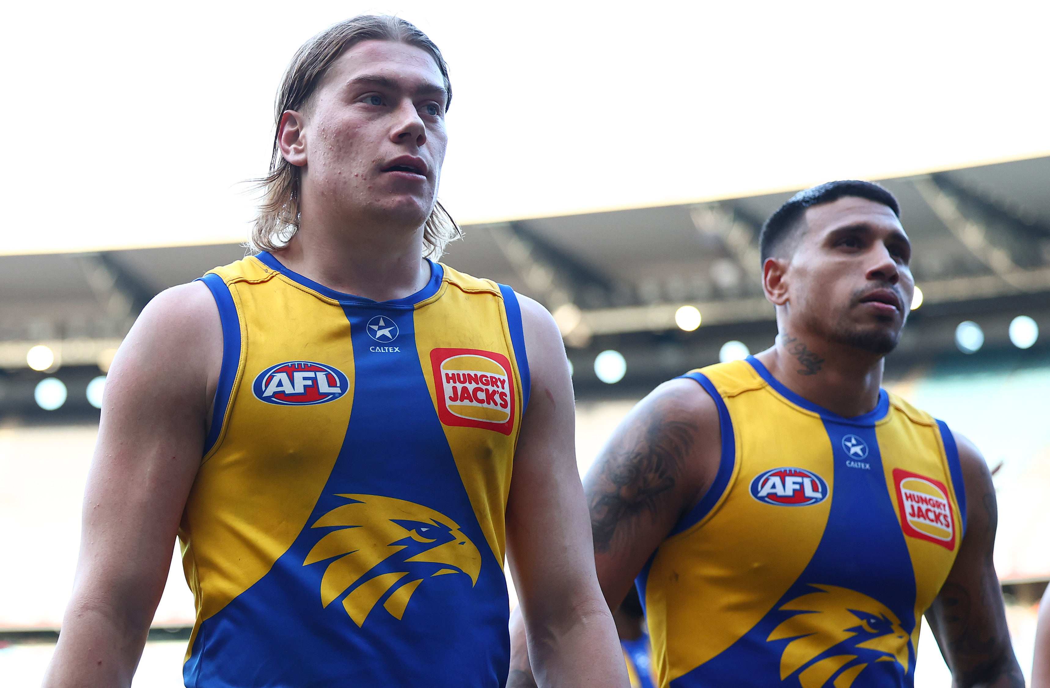 Harley Reid and Tim Kelly react after their loss to Melbourne.