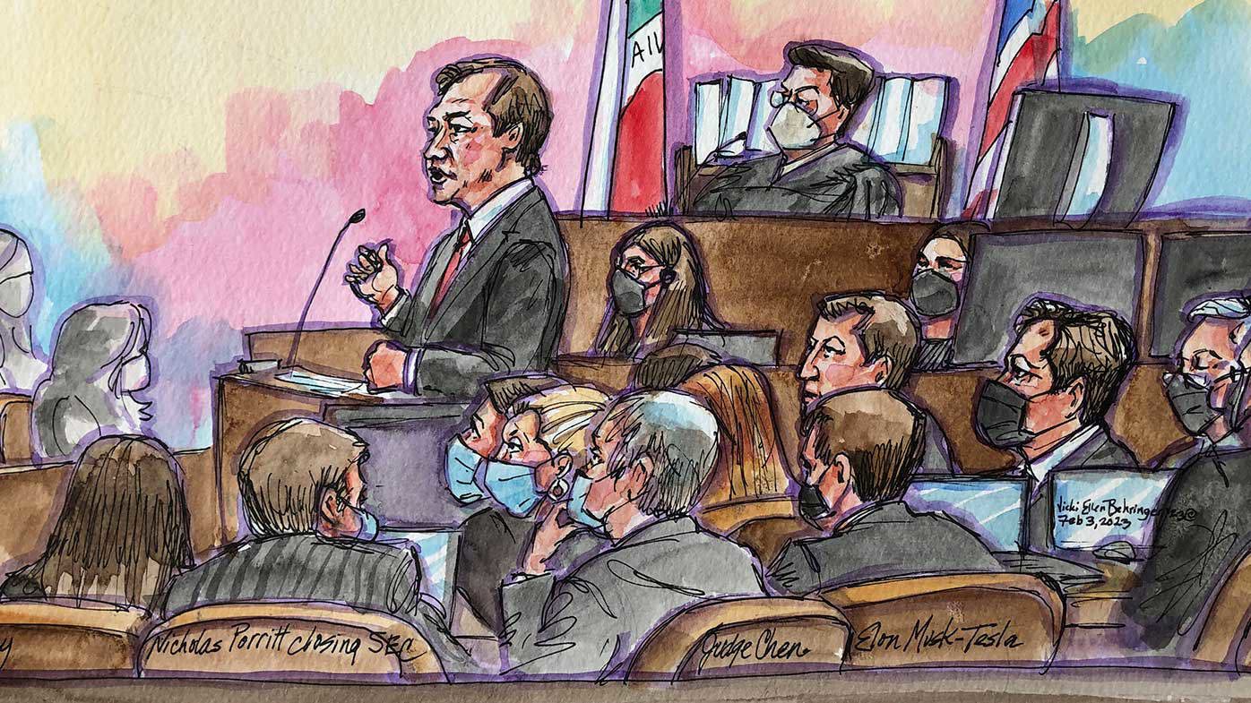 A courtroom sketch shows Elon Musk seated during the proceedings.