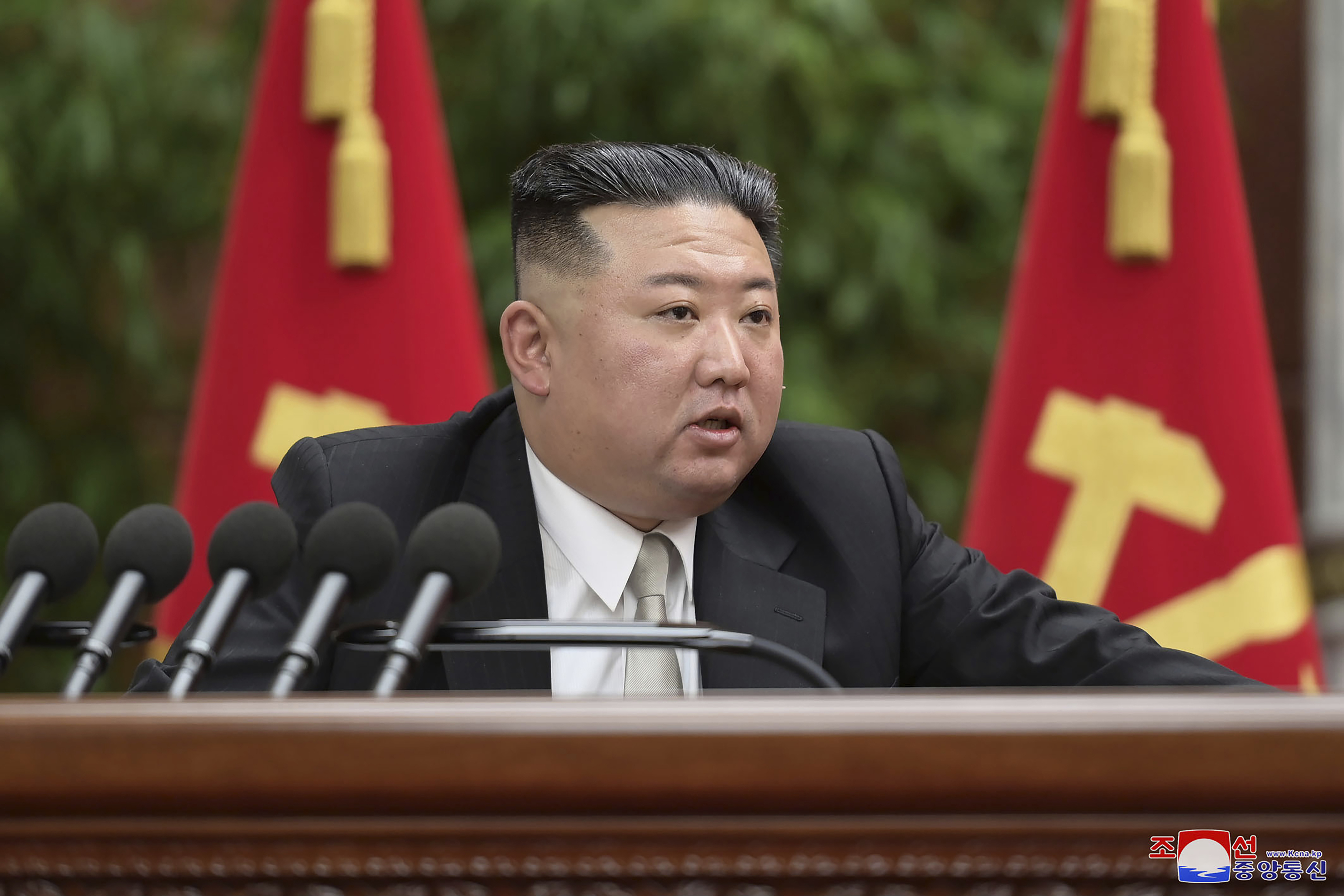 North Korean leader Kim Jong Un speaks during a plenary meeting of the Workers' Party of Korea at the party headquarters in Pyongyang, North Korea 