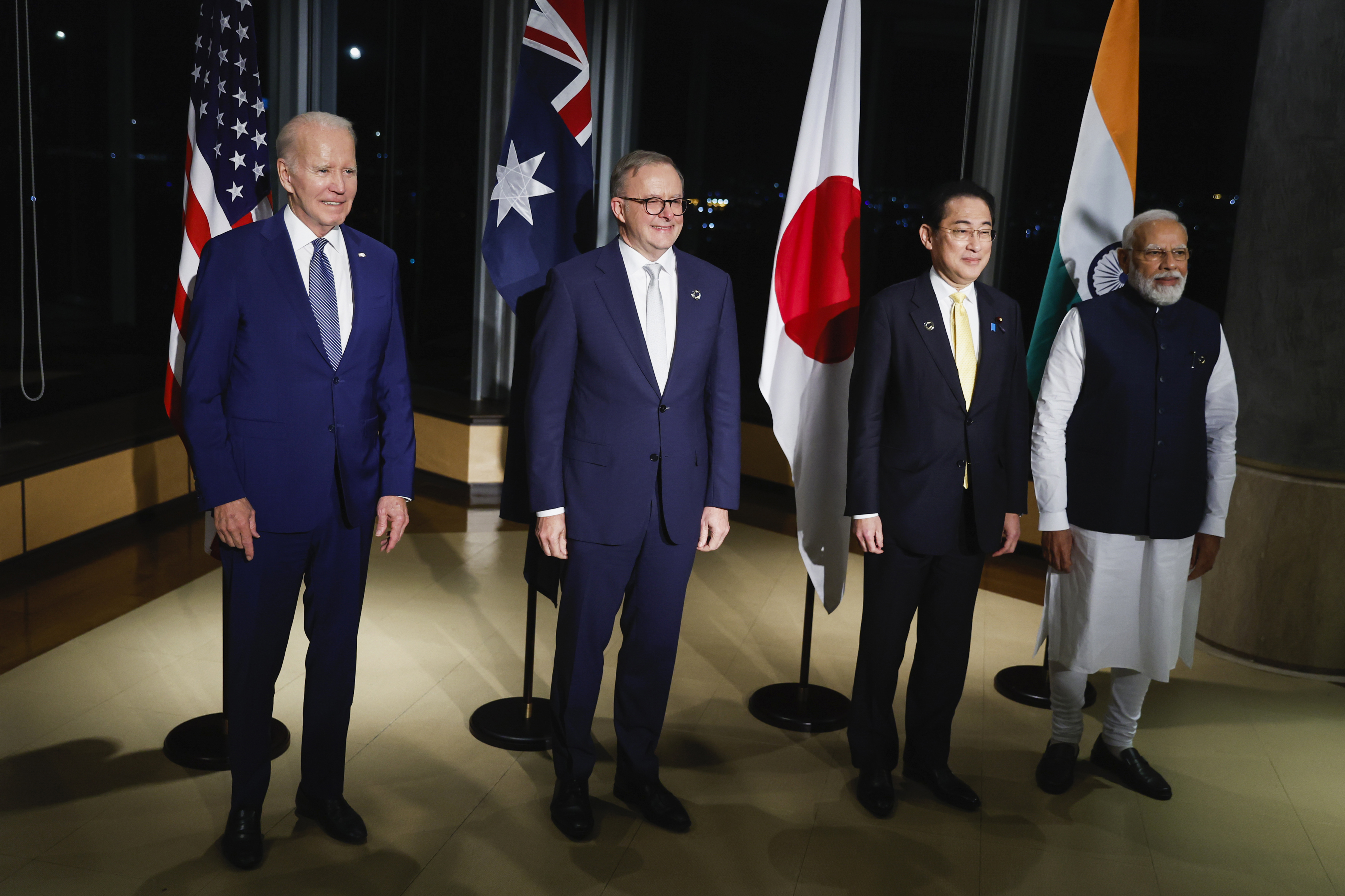 U.S. President Joe Biden, from left, Japan's Prime Minister Fumio Kishida, Australia's Prime Minister Anthony Albanese and India's Prime Minister Narendra Modi hold a Quad meeting on the sidelines of the G7 summit, at the Grand Prince Hotel in Hiroshima, western Japan, Saturday, May 20, 2023. 