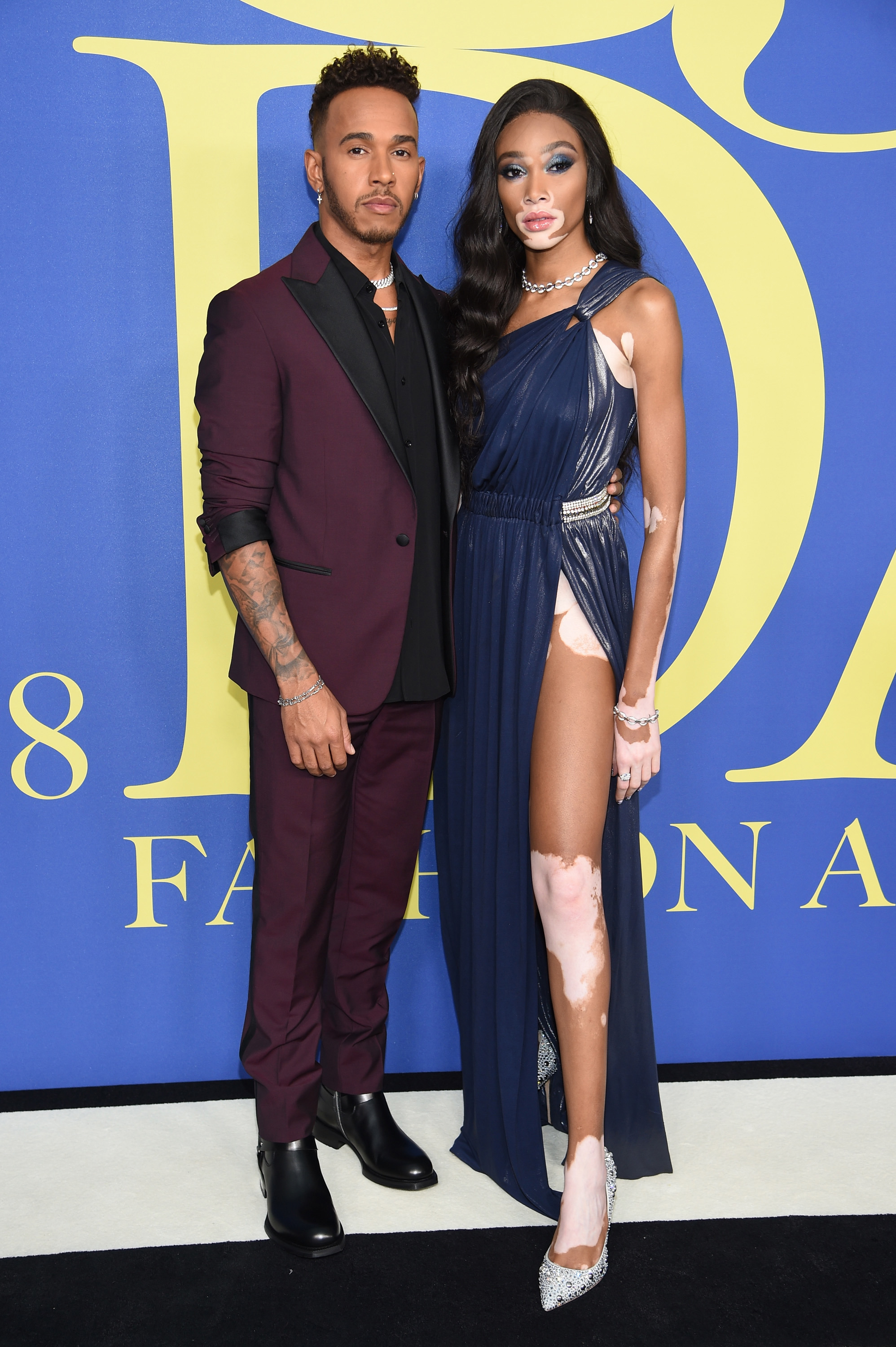 Lewis Hamilton and Winnie Harlow attend the 2018 CFDA Fashion Awards at Brooklyn Museum on June 4, 2018 in New York City.