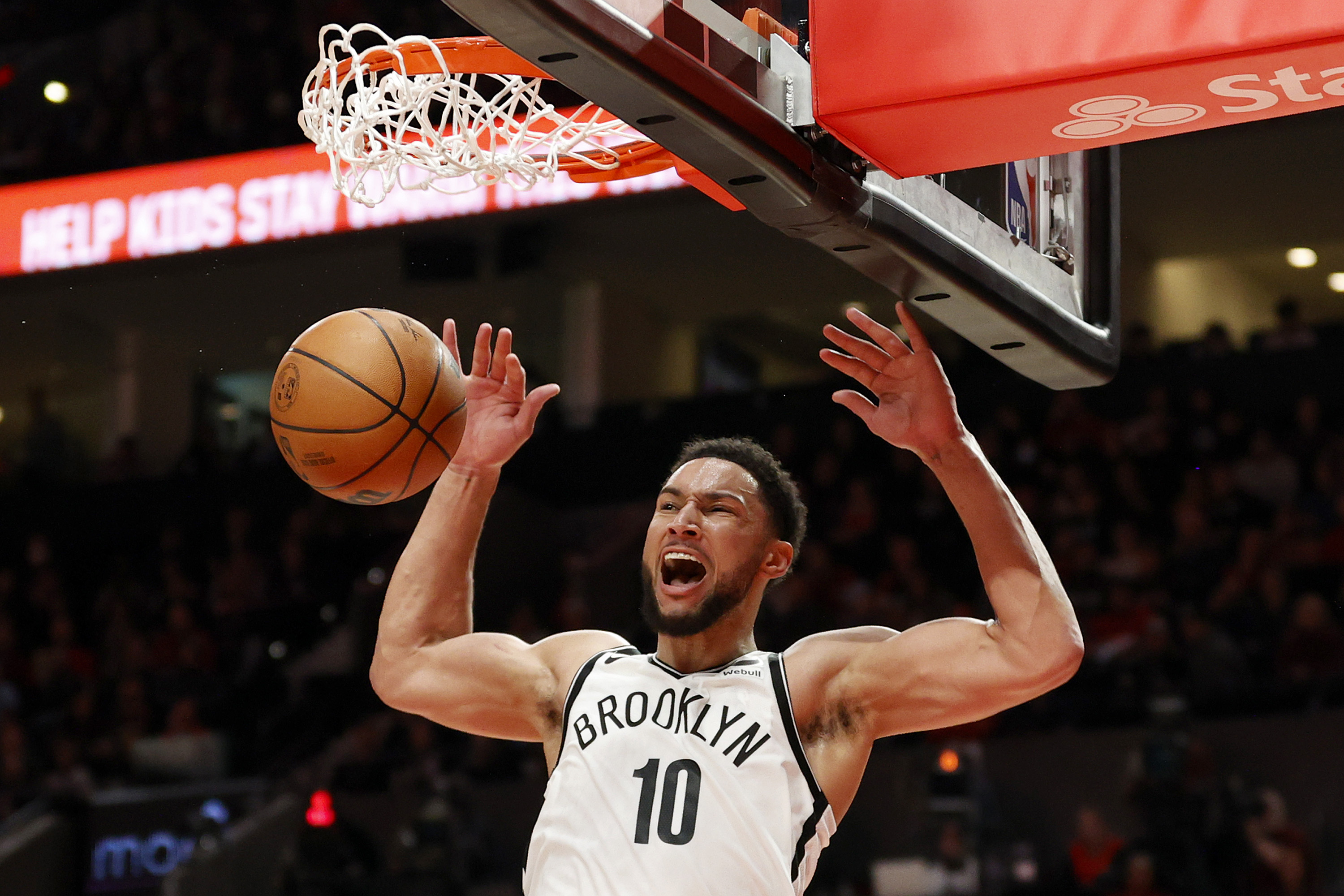 PORTLAND, OREGON - NOVEMBER 17: Ben Simmons #10 of the Brooklyn Nets dunks during the third quarter against the Portland Trail Blazers at Moda Center on November 17, 2022 in Portland, Oregon. NOTE TO USER: User expressly acknowledges and agrees that, by downloading and or using this photograph, User is consenting to the terms and conditions of the Getty Images License Agreement. (Photo by Steph Chambers/Getty Images)