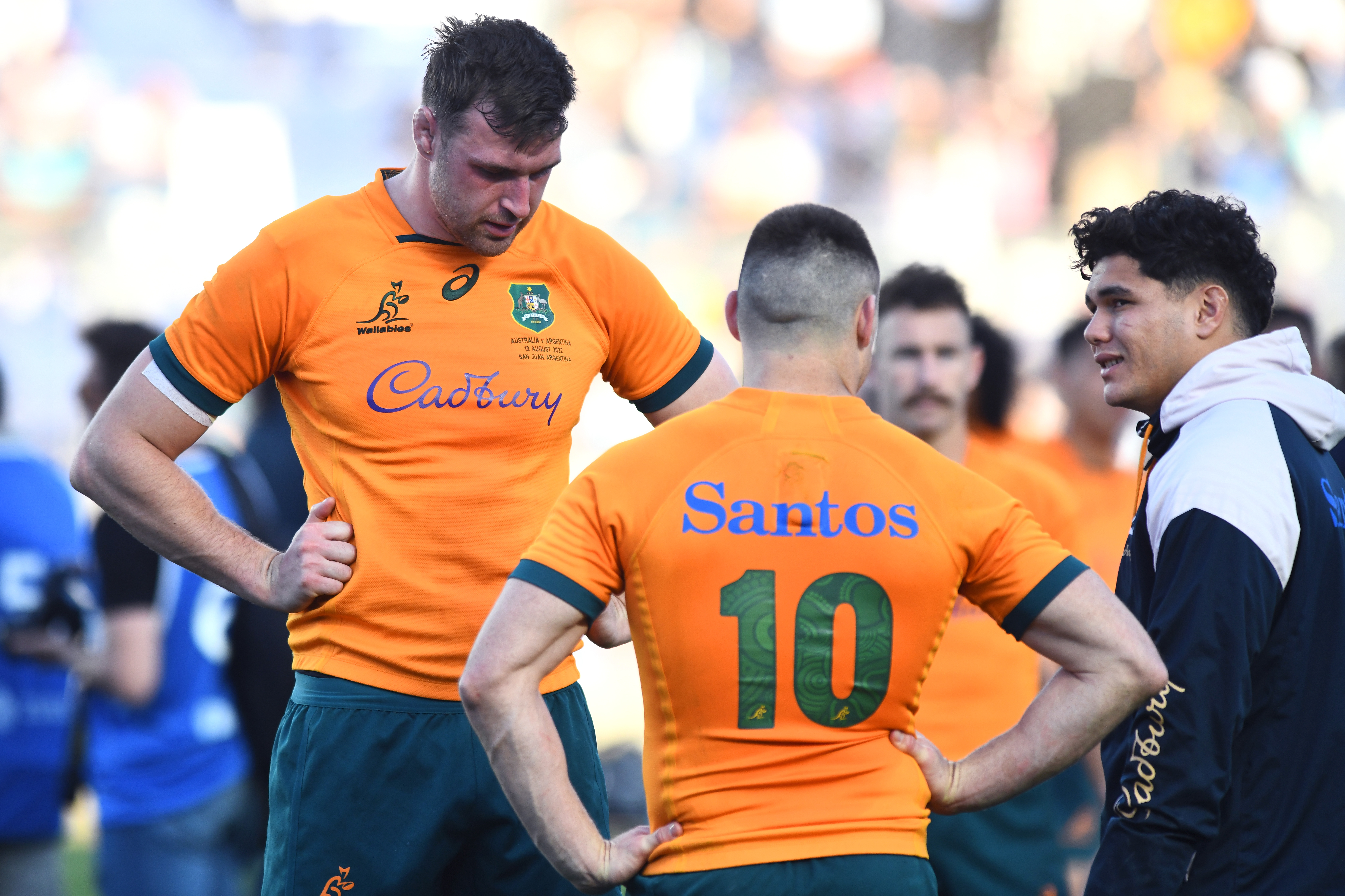 Players of Australia look dejected after losing a Rugby Championship match between Argentina and Australia