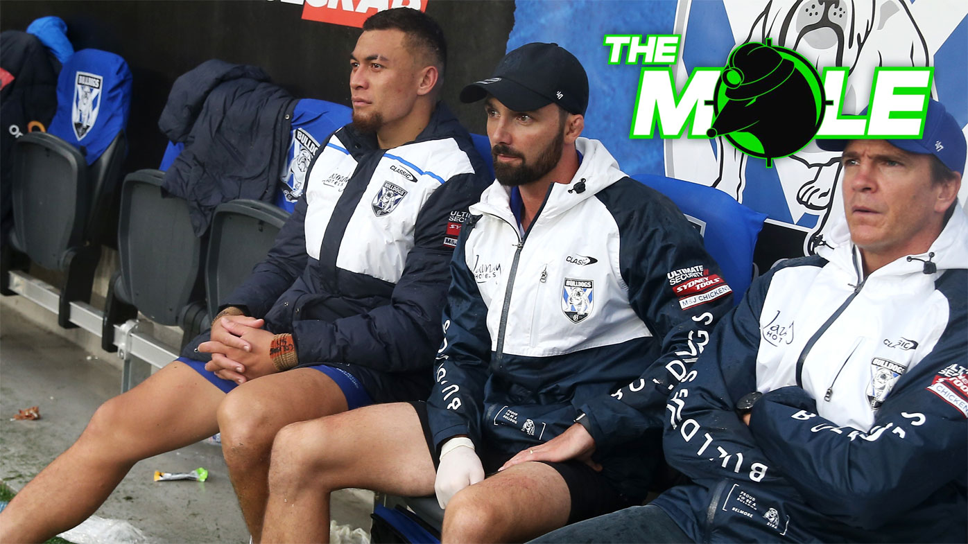 Raymond Faitala-Mariner nurses a foot injury on the sidelines of a Bulldogs game.