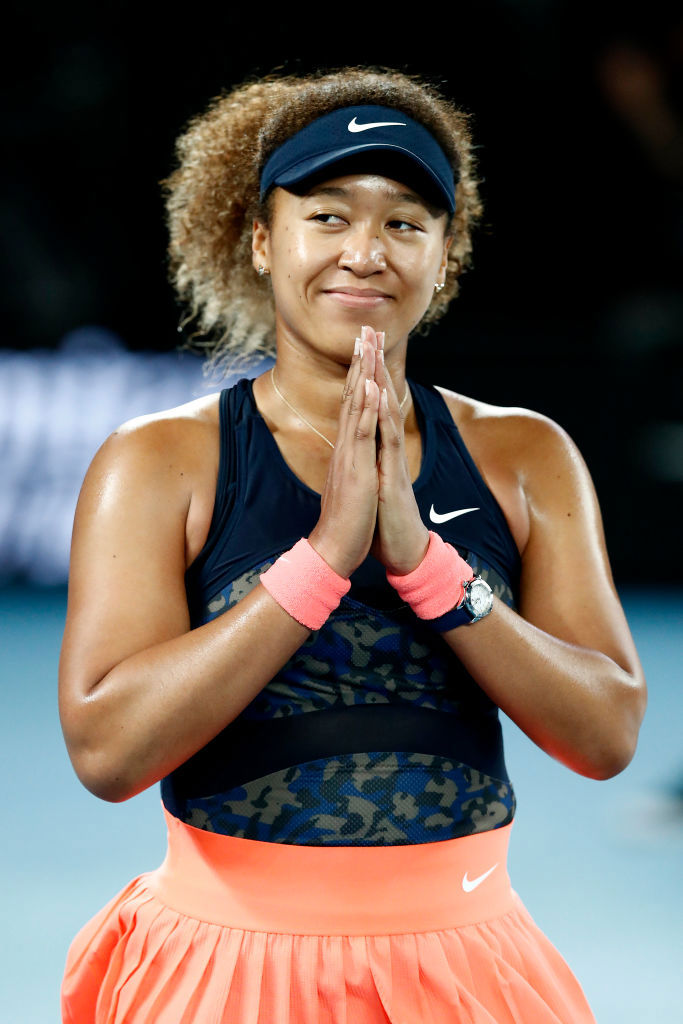 Naomi Osaka of Japan celebrates winning at Melbourne Park.