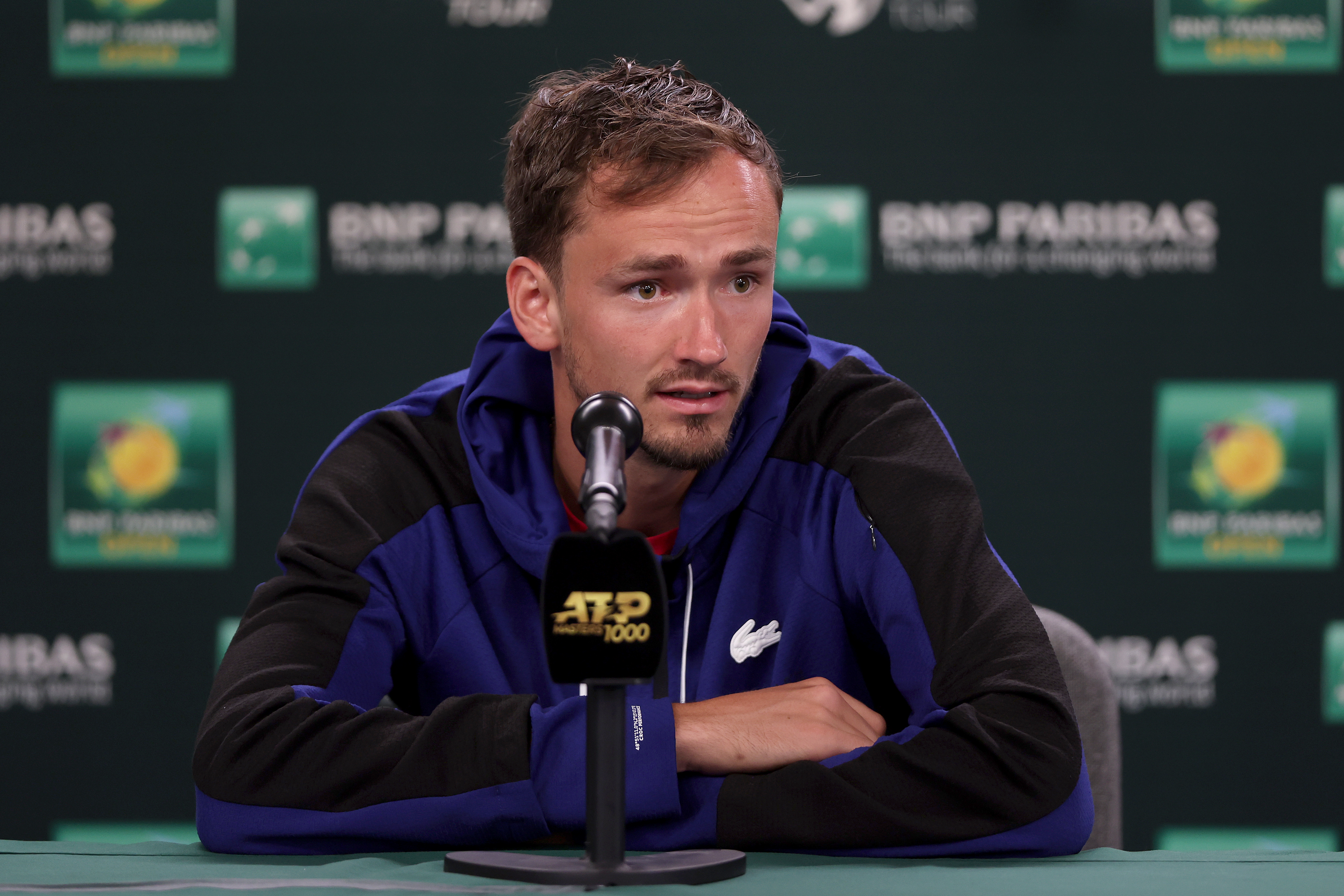 Daniil Medvedev of Russia fields questions from the media during the BNP Paribas Open at the Indian Wells Tennis Garden.