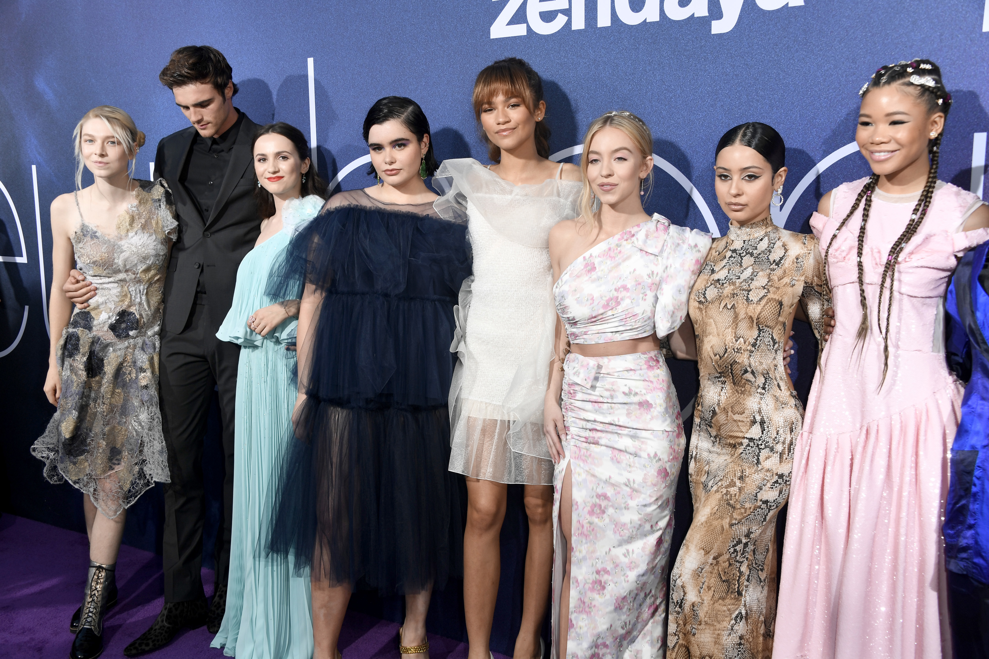 Hunter Schafer, Jacob Elordi, Maude Apatow, Barbie Ferreira, Zendaya, Sydney Sweeney, Alexa Demie, and Storm Reid attend the LA Premiere of HBO's 